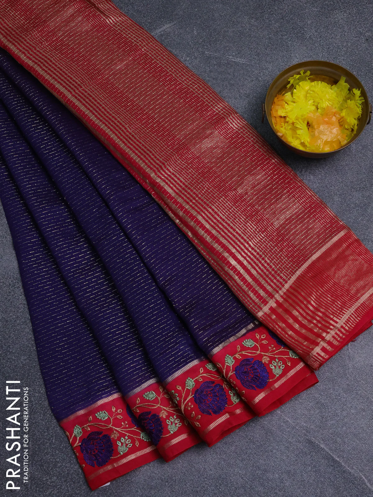 Semi chanderi saree blue and pink with allover zari weaves and embroidery zari border