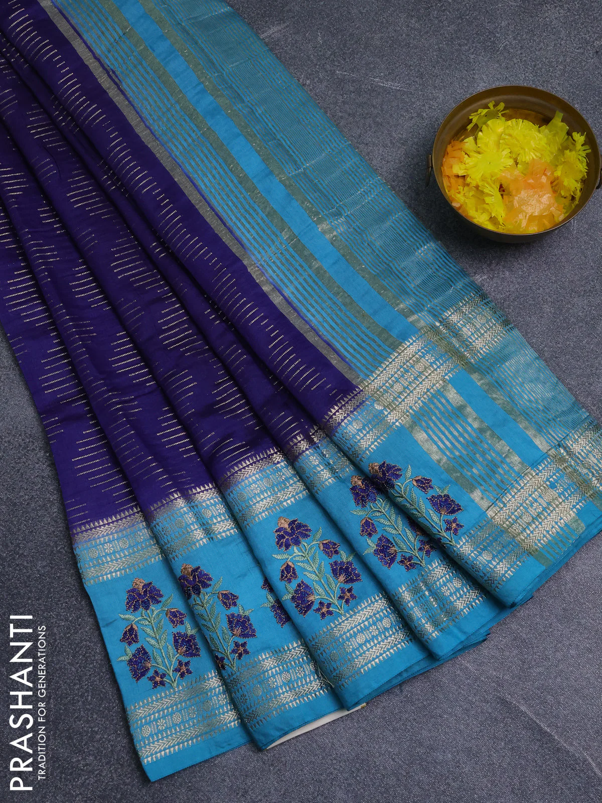 Semi chanderi saree blue and teal blue with allover zari weaves and embroidery zari border