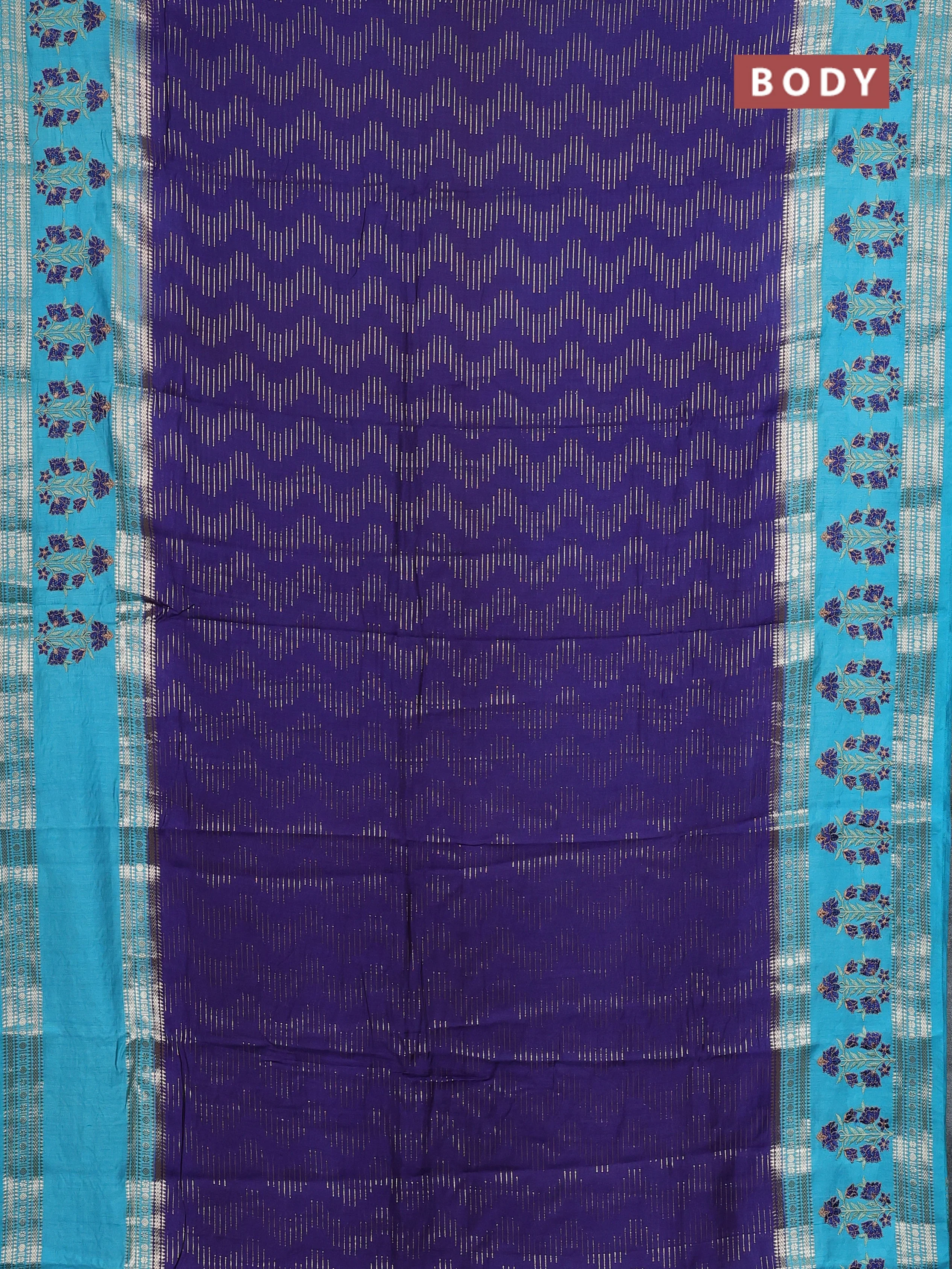 Semi chanderi saree blue and teal blue with allover zari weaves and embroidery zari border - Image 2