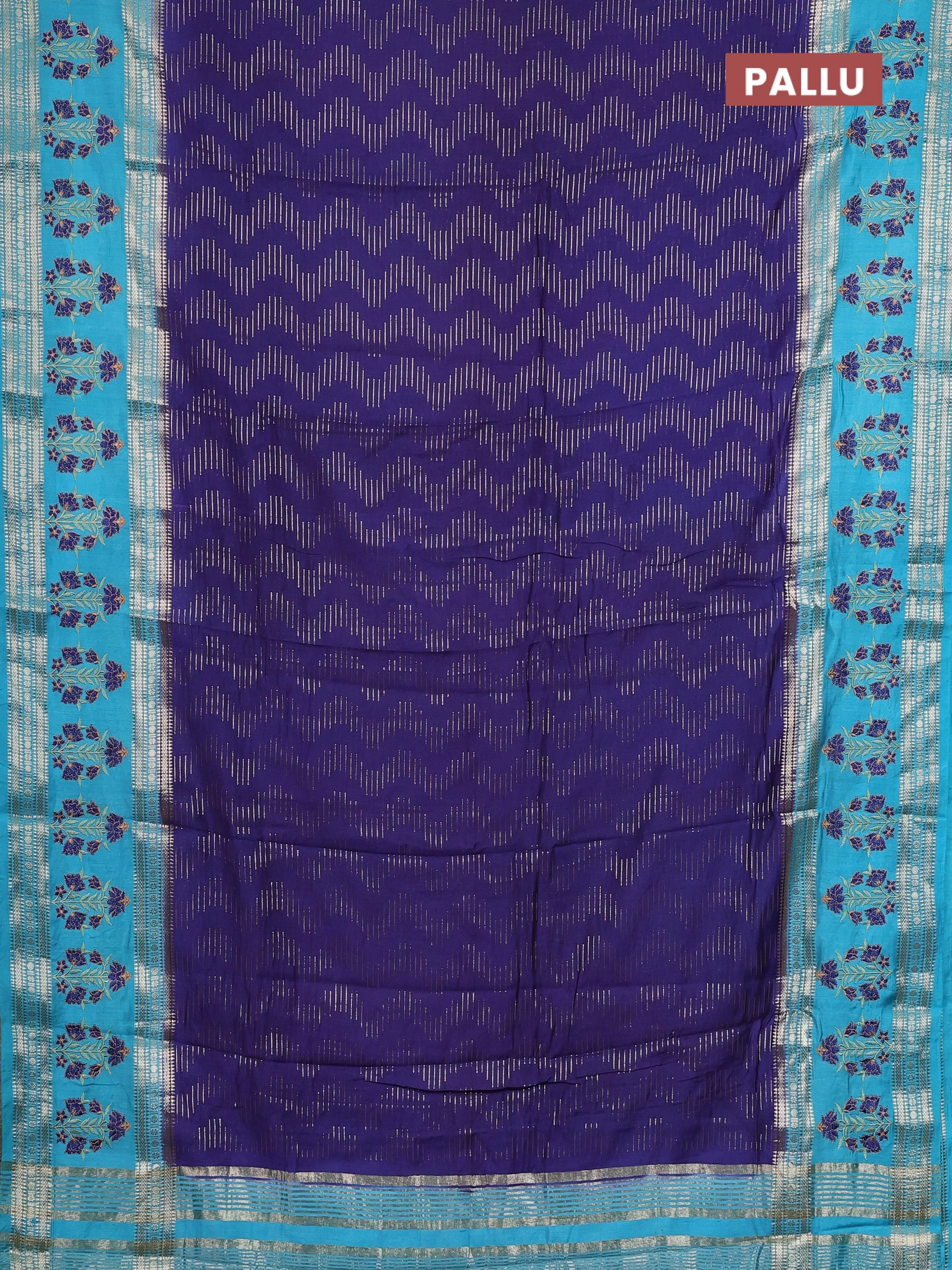 Semi chanderi saree blue and teal blue with allover zari weaves and embroidery zari border - Image 3