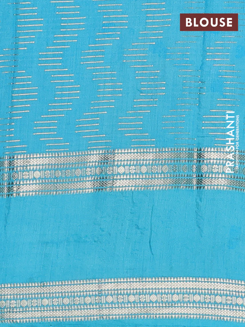Semi chanderi saree blue and teal blue with allover zari weaves and embroidery zari border - Image 4