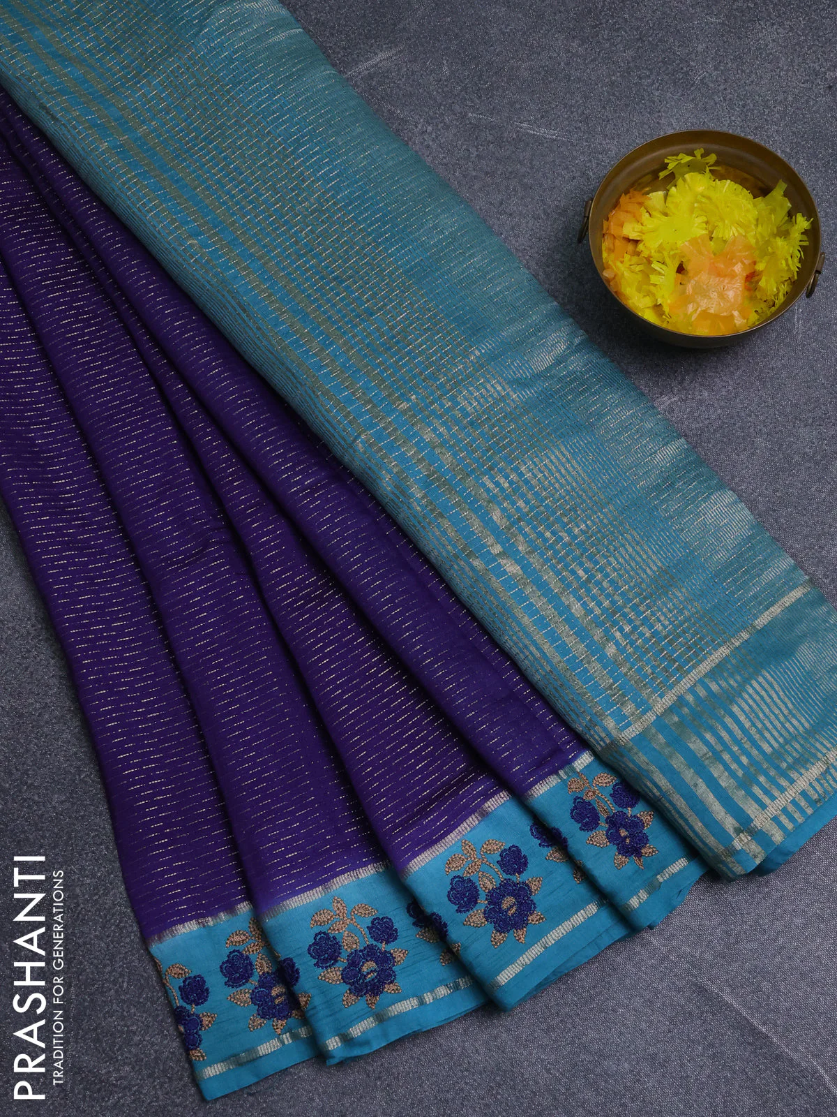 Semi chanderi saree blue and teal blue with allover zari weaves and embroidery zari border