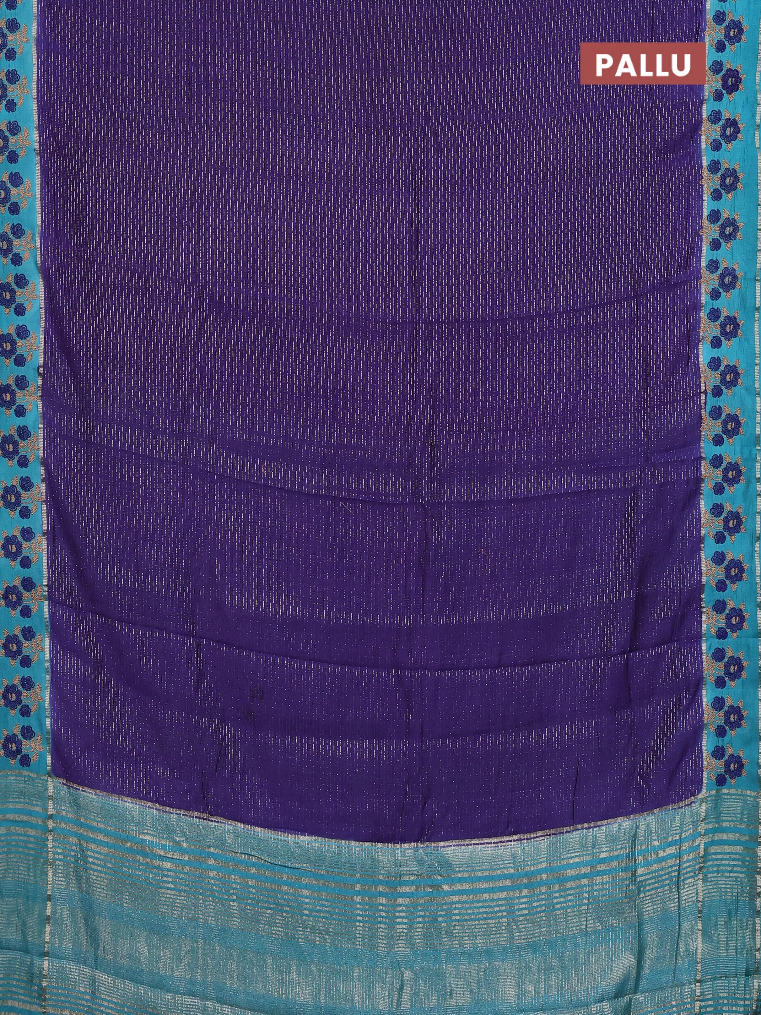 Semi chanderi saree blue and teal blue with allover zari weaves and embroidery zari border - Image 3
