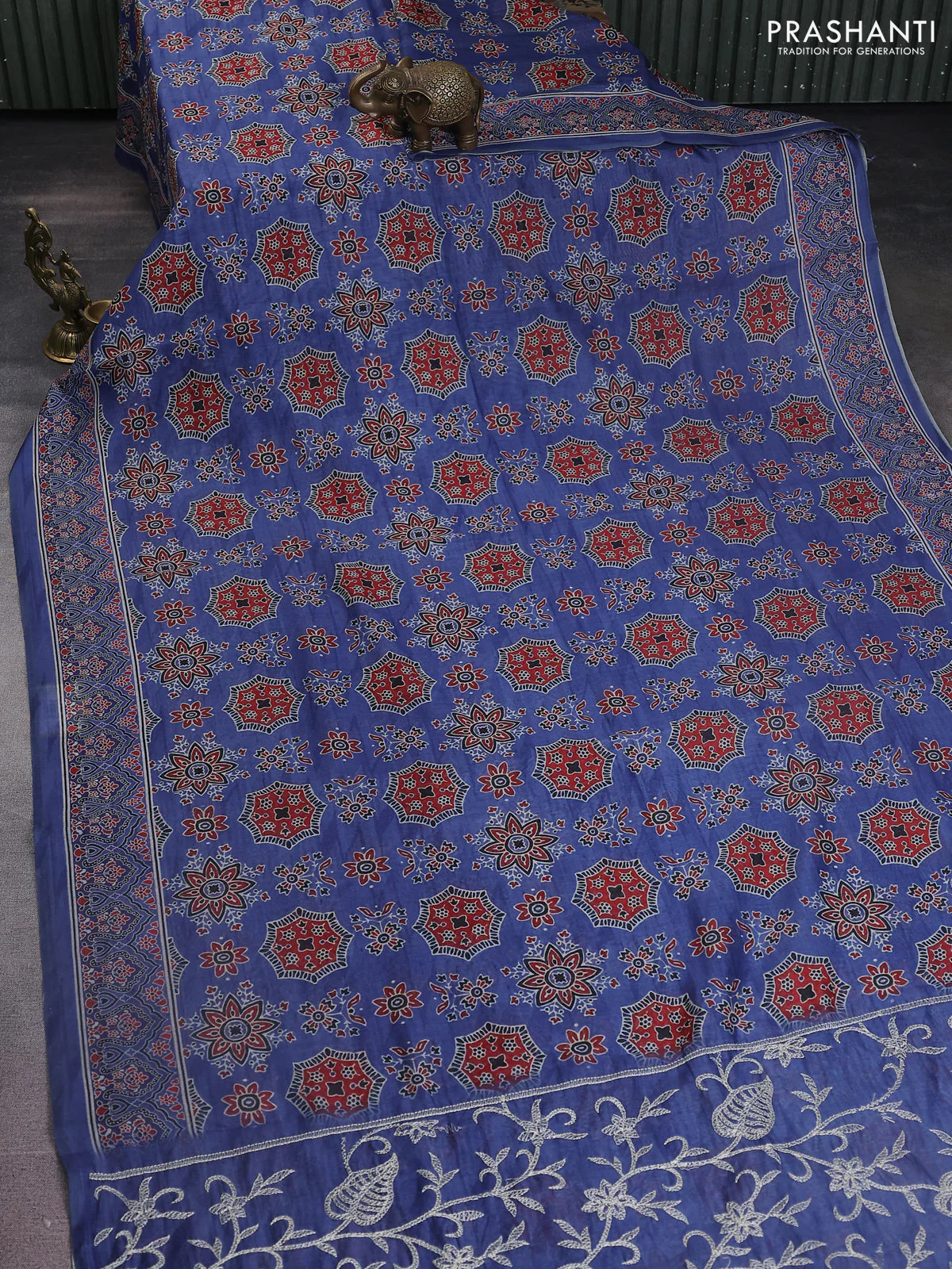 Semi chanderi saree blue with allover ajrakh prints and embroidery pallu - Image 2