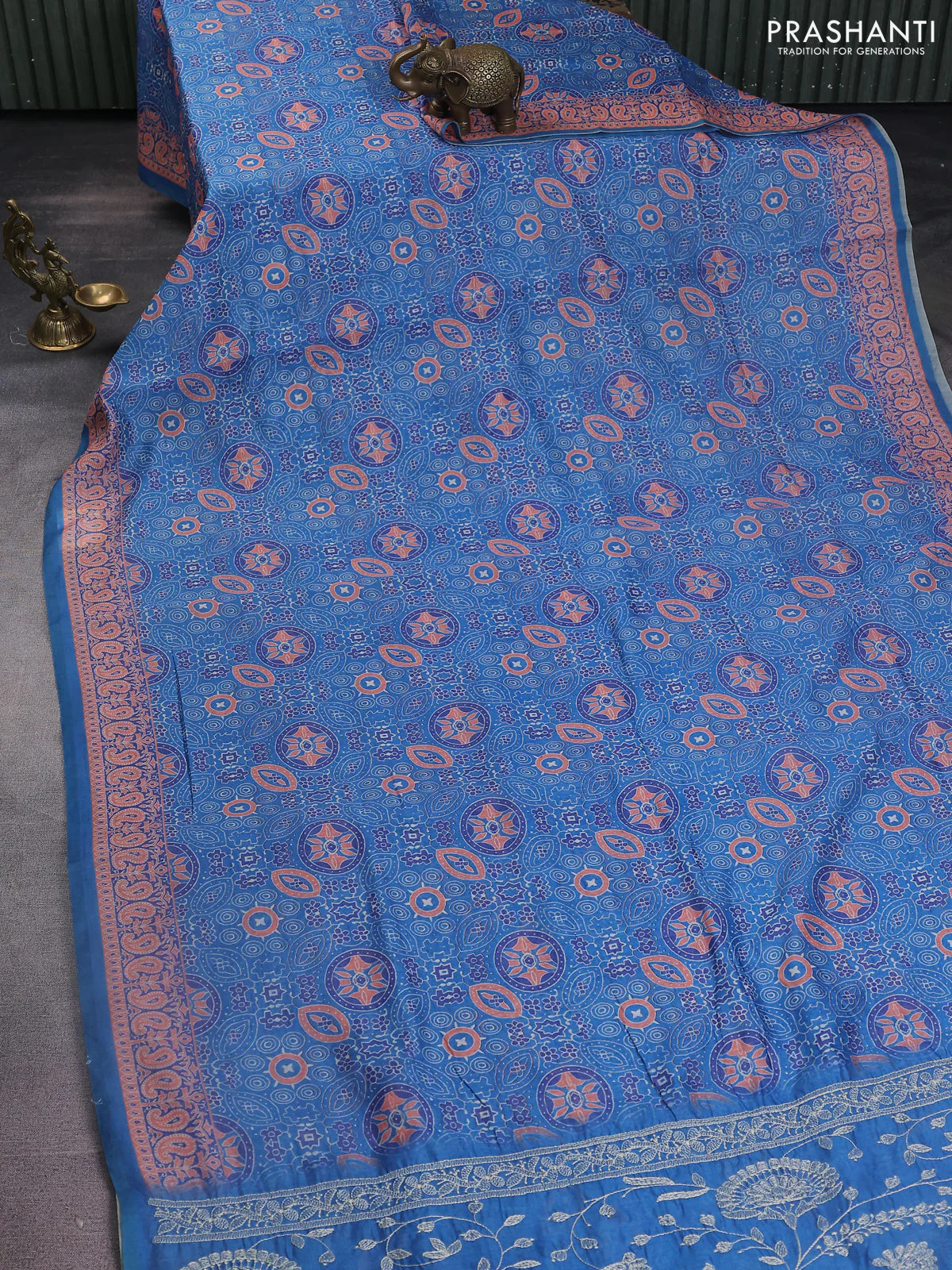 Semi chanderi saree blue with allover ajrakh prints and embroidery pallu - Image 2