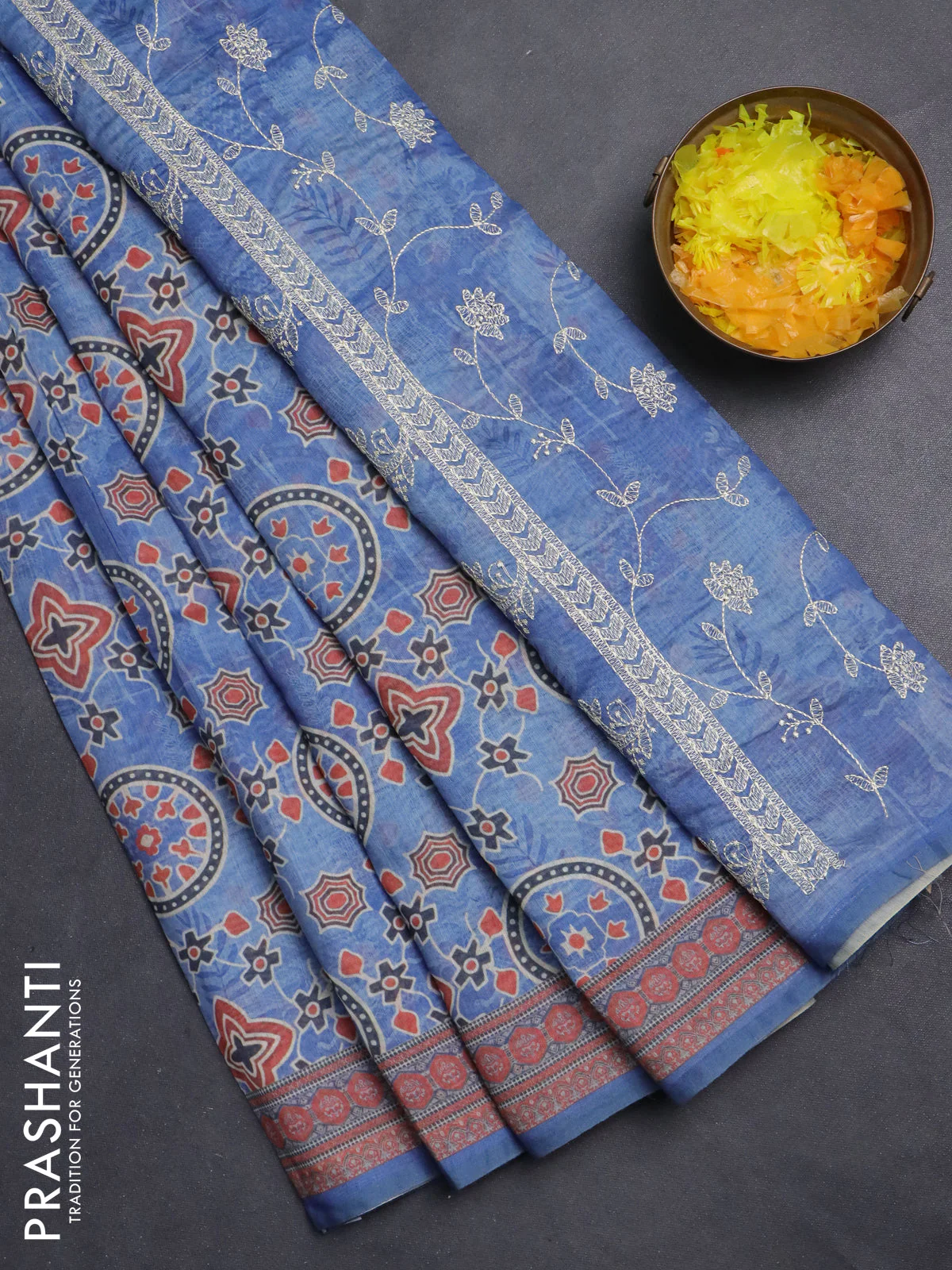 Semi chanderi saree blue with allover prints and embroidery pallu
