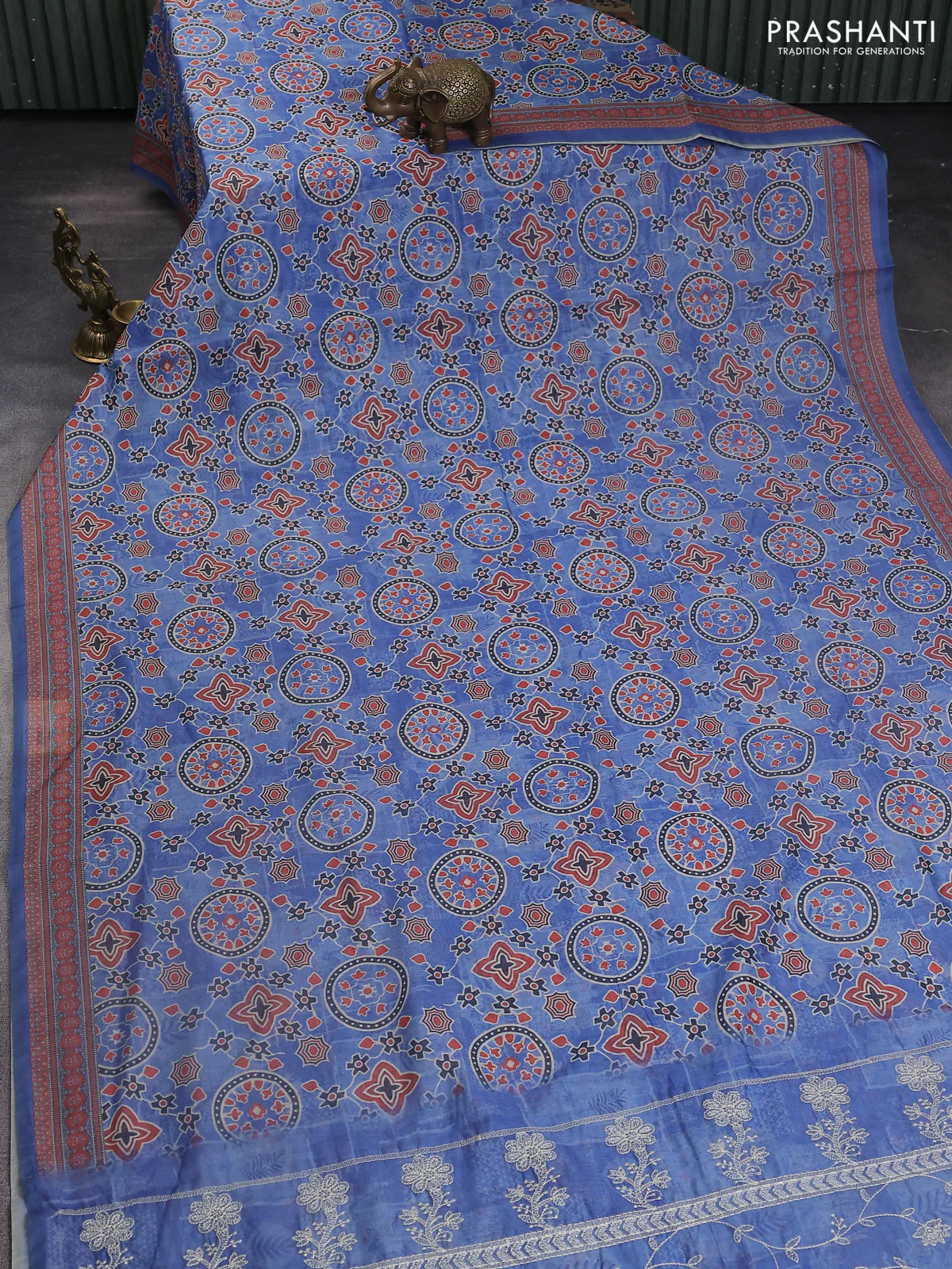 Semi chanderi saree blue with allover prints and embroidery pallu - Image 2