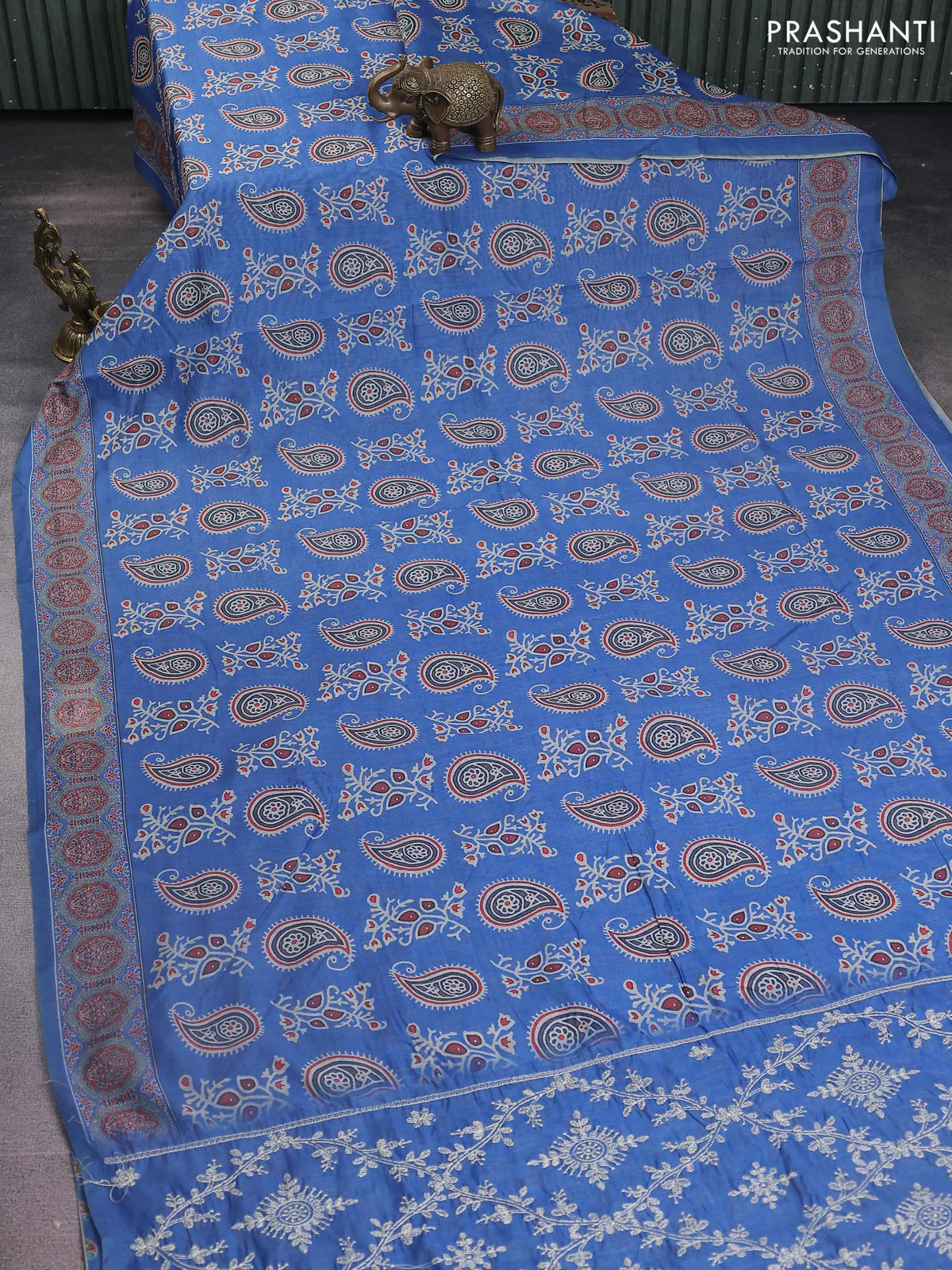 Semi chanderi saree blue with allover prints and embroidery pallu - Image 2
