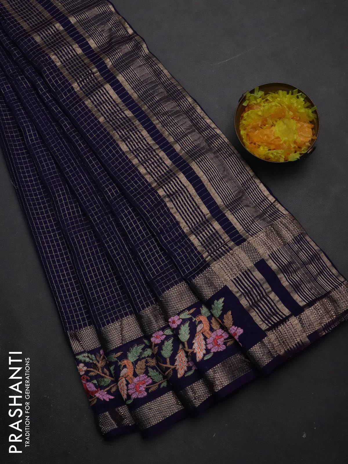 Semi chanderi saree blue with allover zari checked pattern and embroidery border
