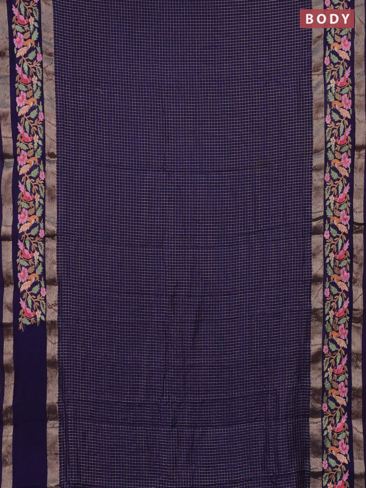 Semi chanderi saree blue with allover zari checked pattern and embroidery border - Image 2