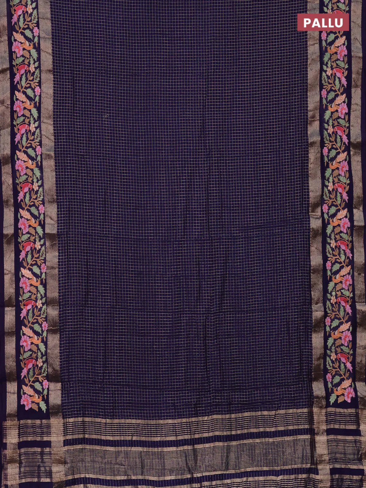Semi chanderi saree blue with allover zari checked pattern and embroidery border - Image 3