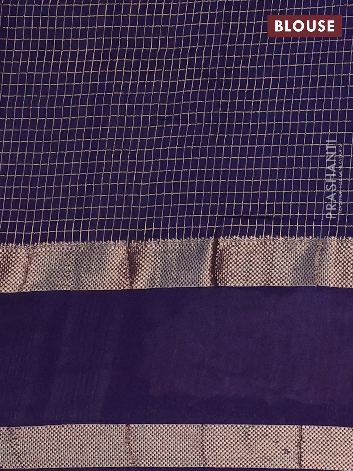 Semi chanderi saree blue with allover zari checked pattern and embroidery border - Image 4