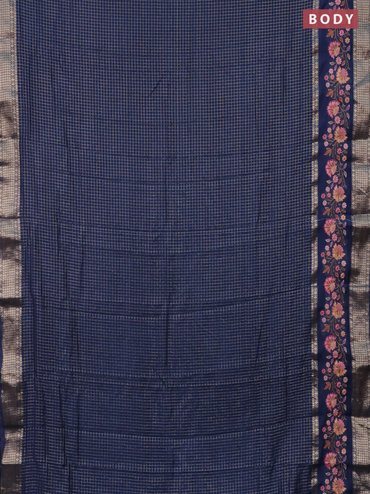 Semi chanderi saree blue with allover zari checked pattern and floral embroidery border - Image 2