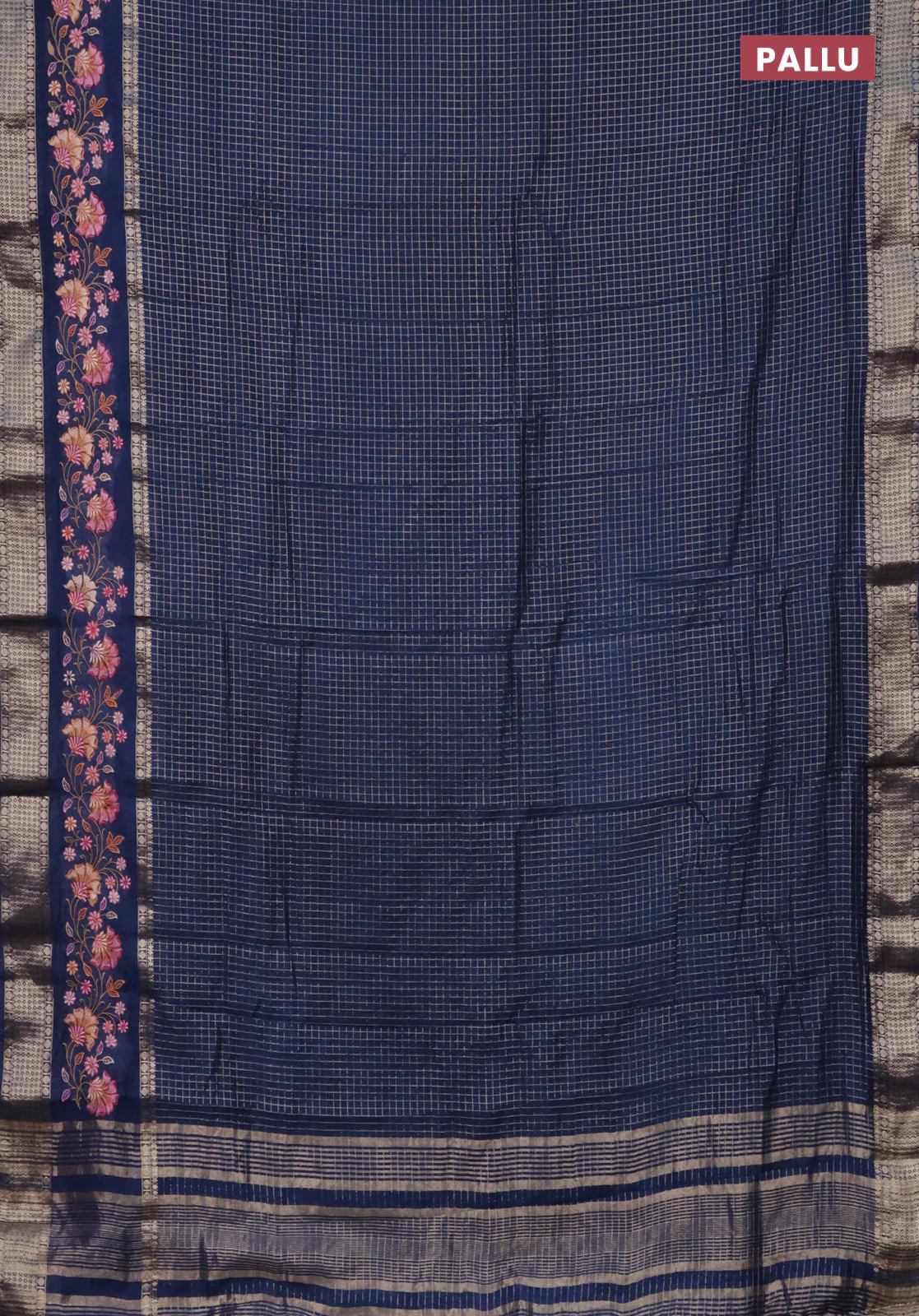 Semi chanderi saree blue with allover zari checked pattern and floral embroidery border - Image 3