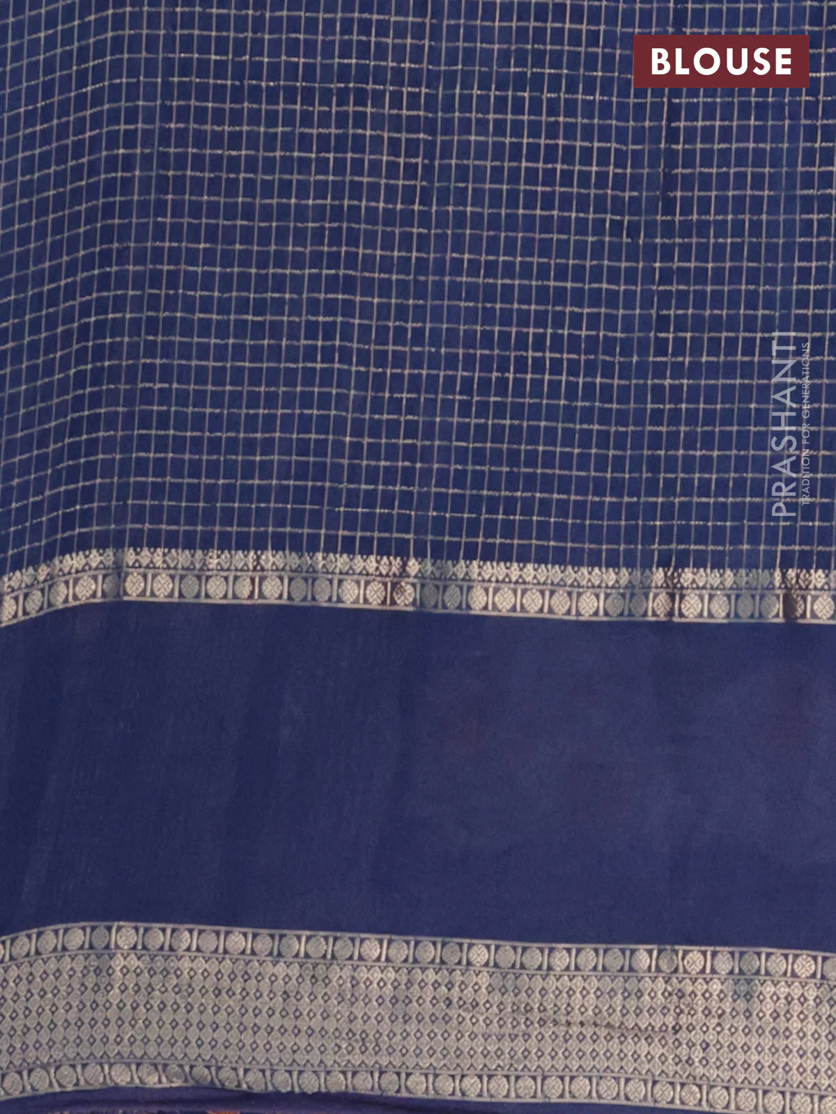 Semi chanderi saree blue with allover zari checked pattern and floral embroidery border - Image 4