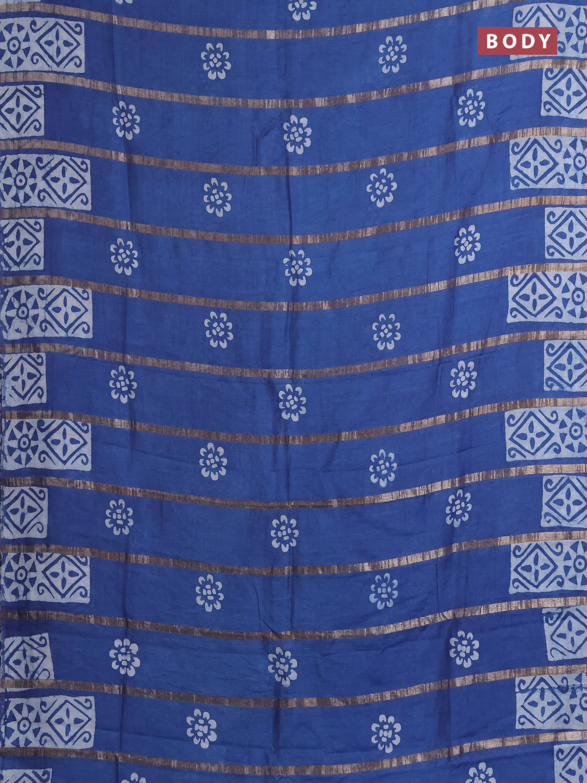 Semi chanderi saree blue with allover zari strips & batik butta prints in borderless style - Image 2