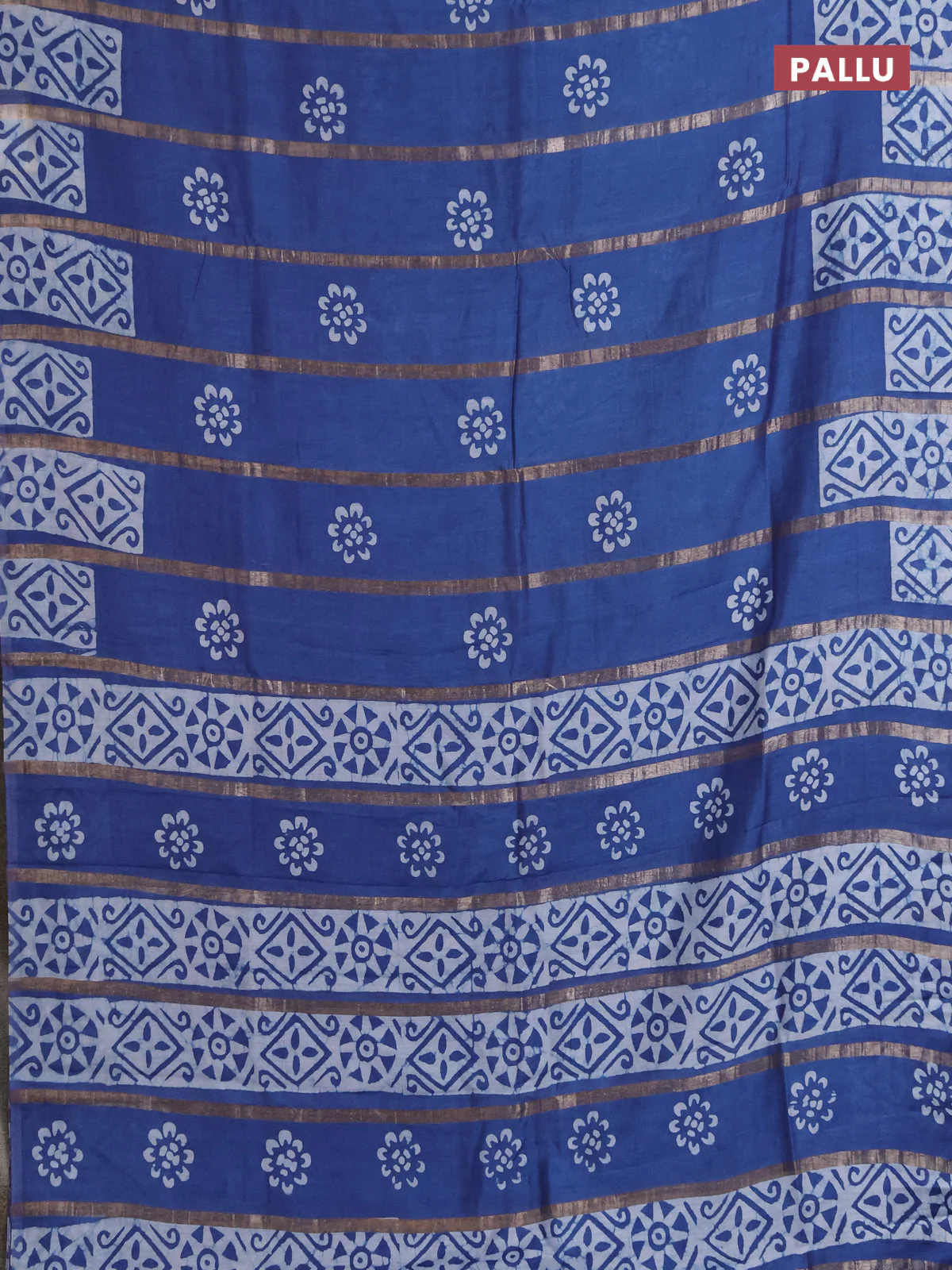 Semi chanderi saree blue with allover zari strips & batik butta prints in borderless style - Image 3