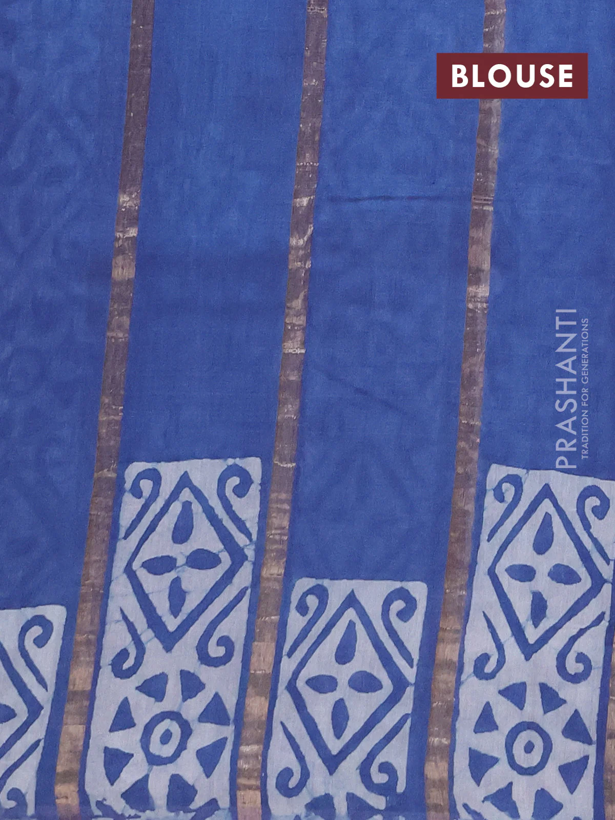 Semi chanderi saree blue with allover zari strips & batik butta prints in borderless style - Image 4