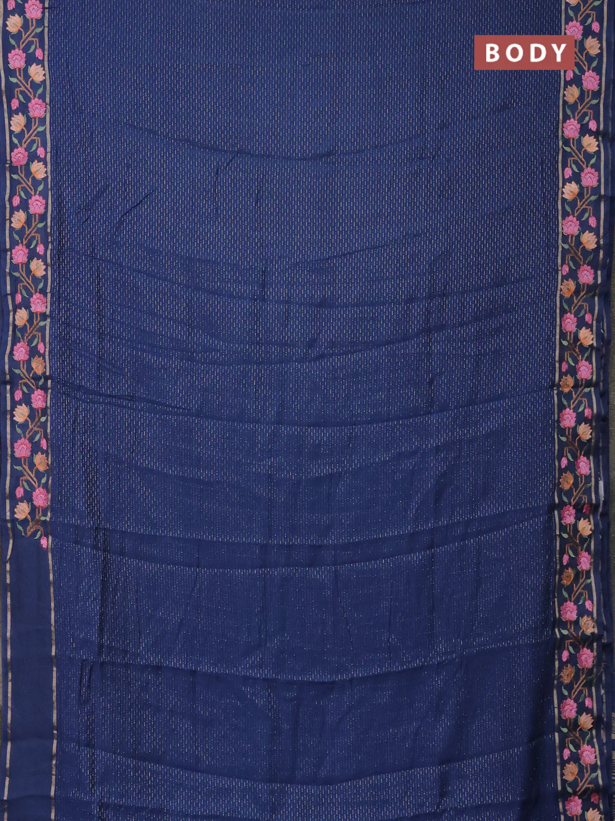 Semi chanderi saree blue with allover zari weaves and floral embroidery border - Image 2