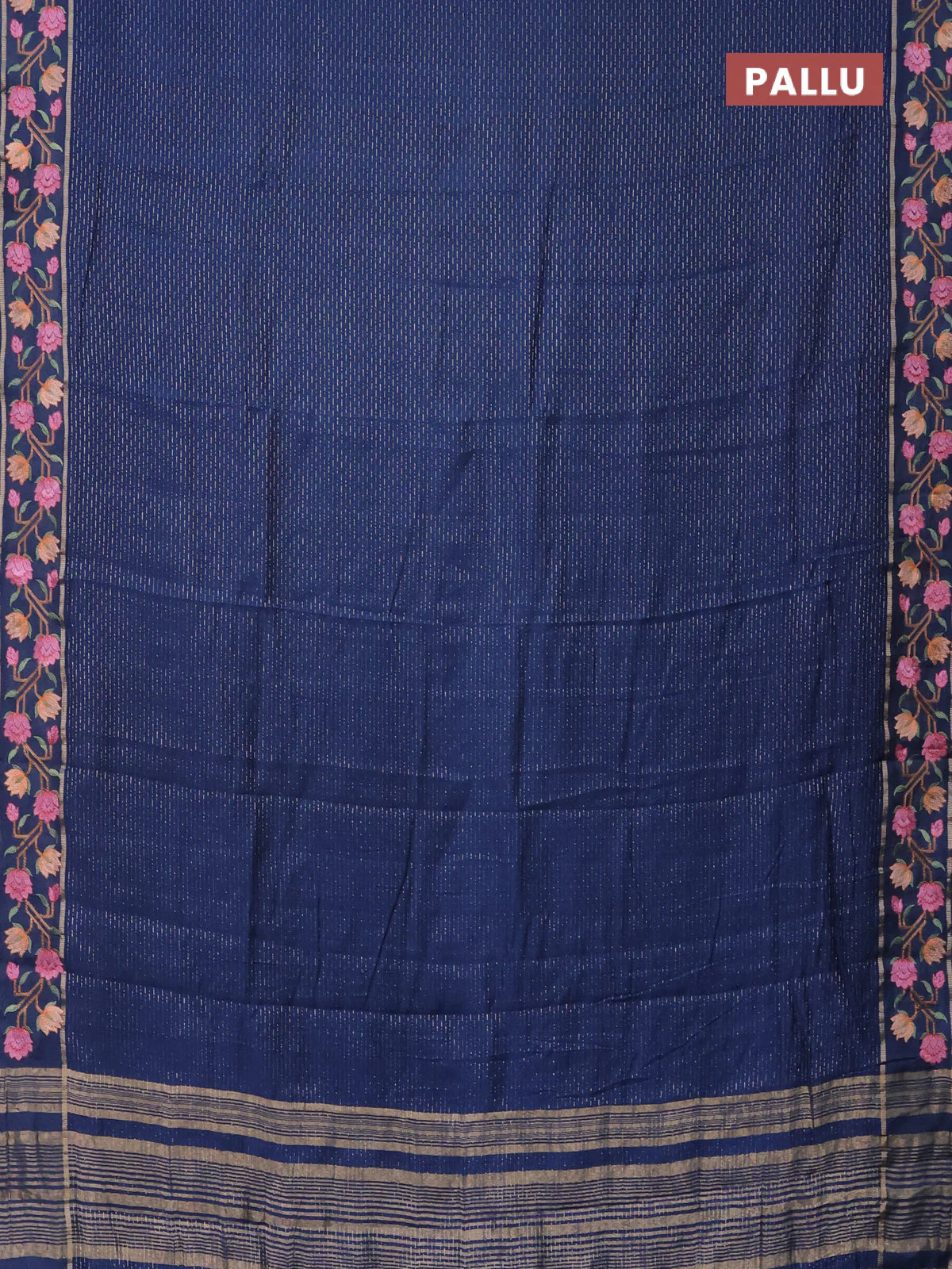 Semi chanderi saree blue with allover zari weaves and floral embroidery border - Image 3