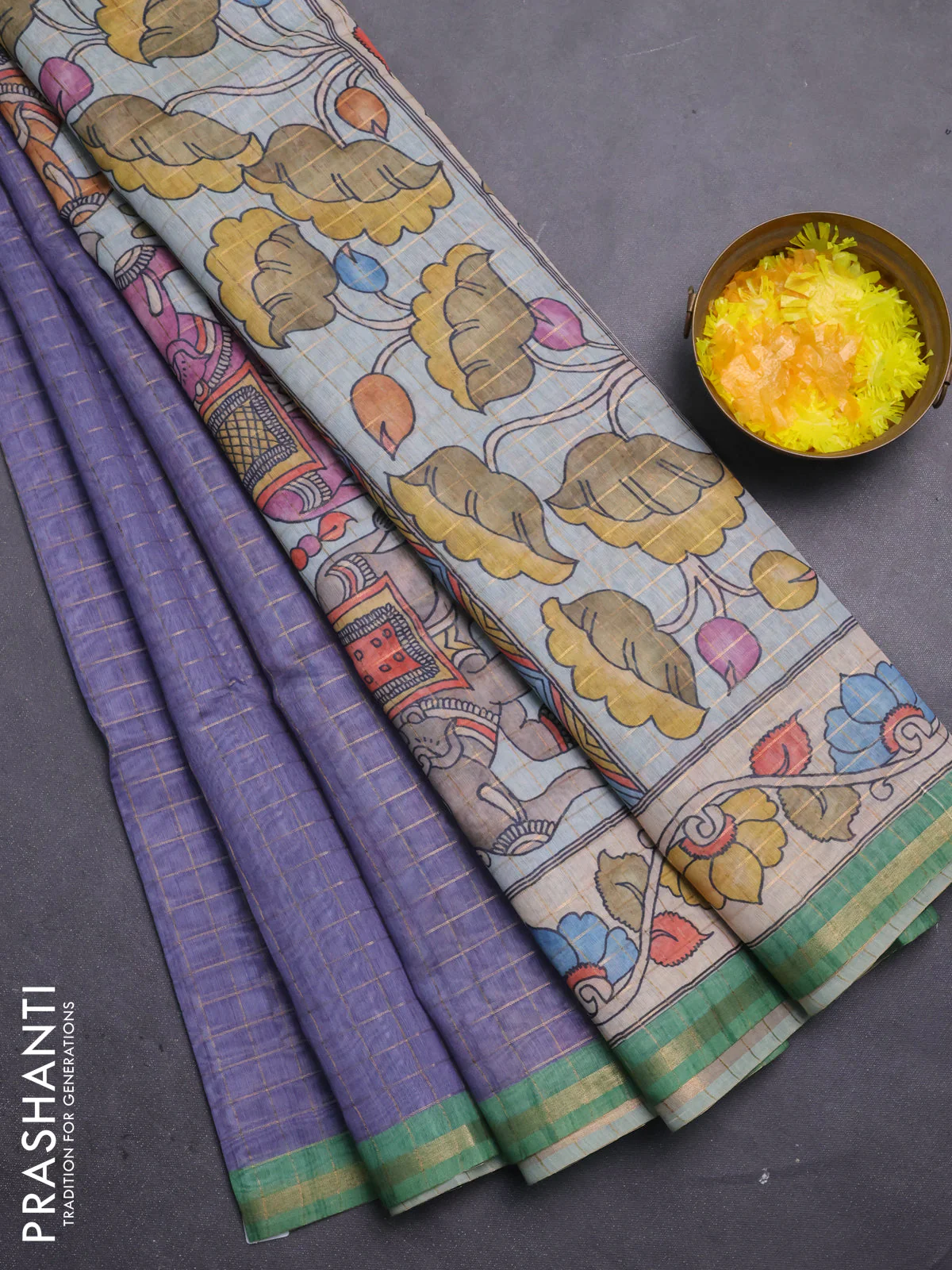 Semi chanderi saree bluish grey and green with allover zari woven checked pattern and kalamkari printed pallu