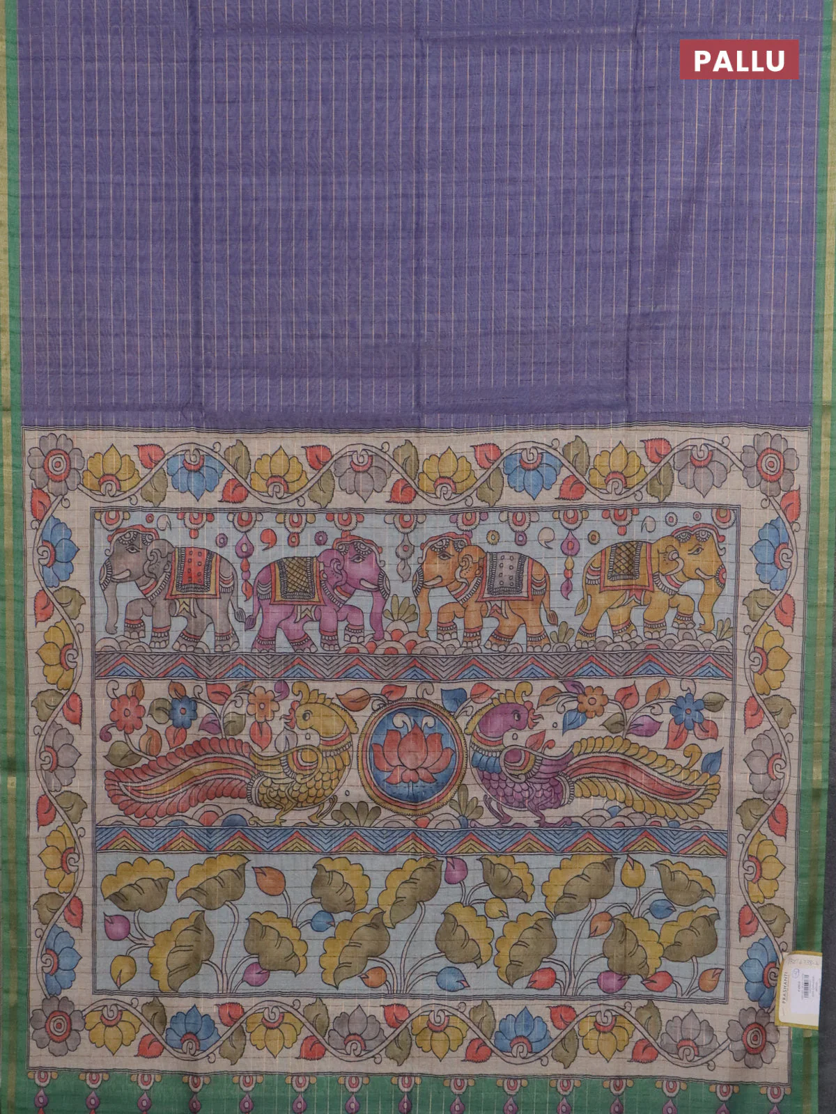 Semi chanderi saree bluish grey and green with allover zari woven checked pattern and kalamkari printed pallu - Image 3