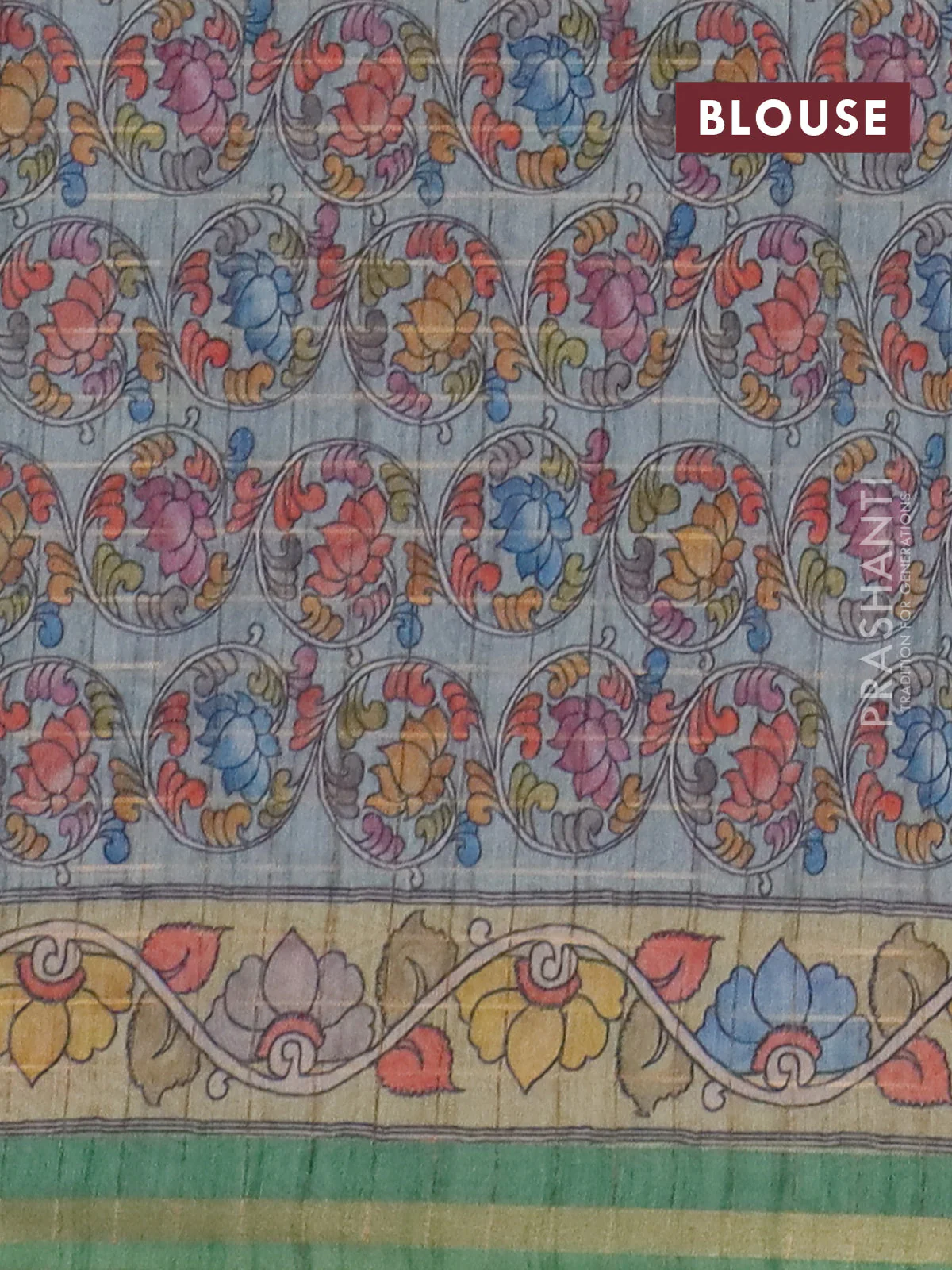 Semi chanderi saree bluish grey and green with allover zari woven checked pattern and kalamkari printed pallu - Image 4