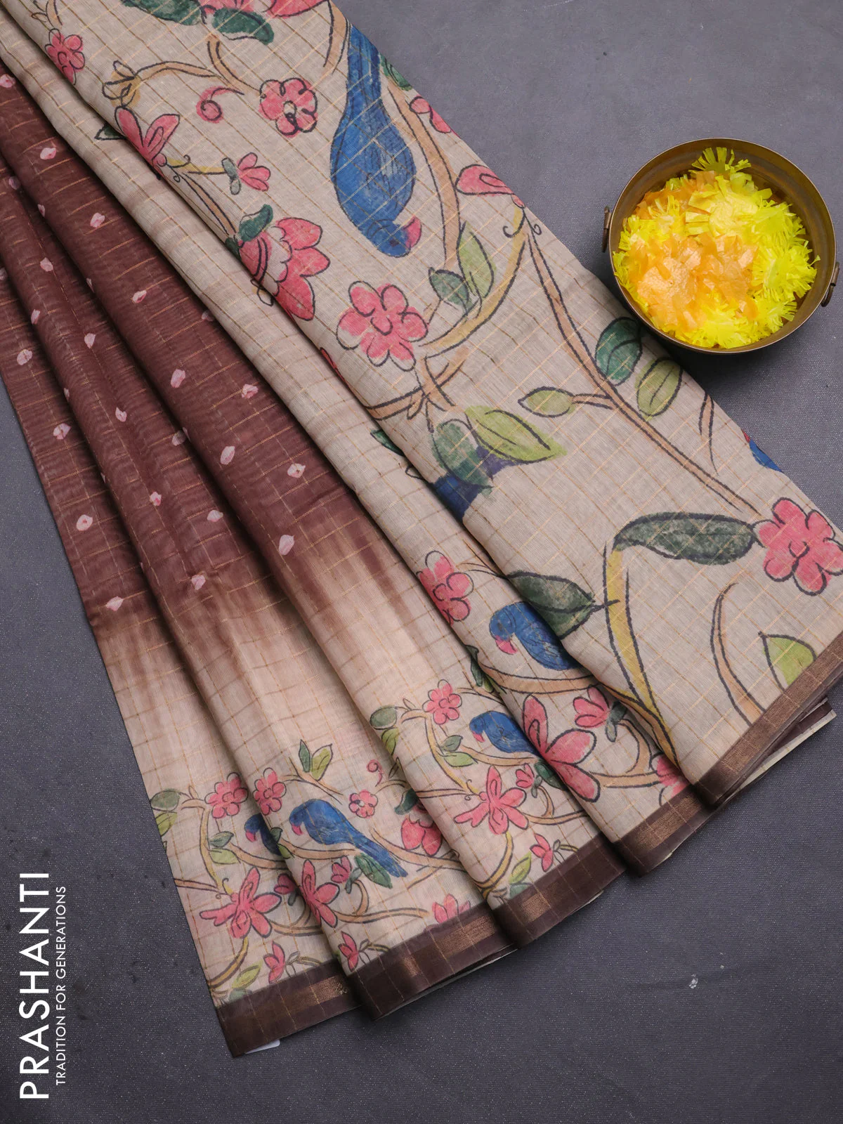Semi chanderi saree brown and beige with allover zari woven checked pattern & bandhani prints and printed pallu