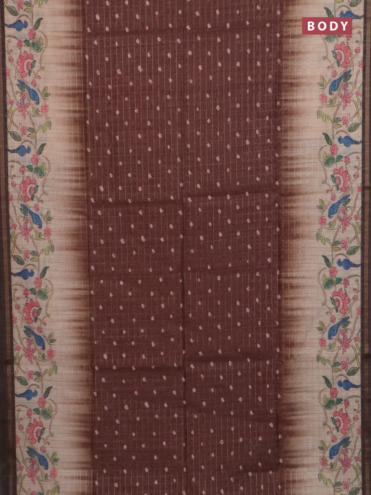 Semi chanderi saree brown and beige with allover zari woven checked pattern & bandhani prints and printed pallu - Image 2