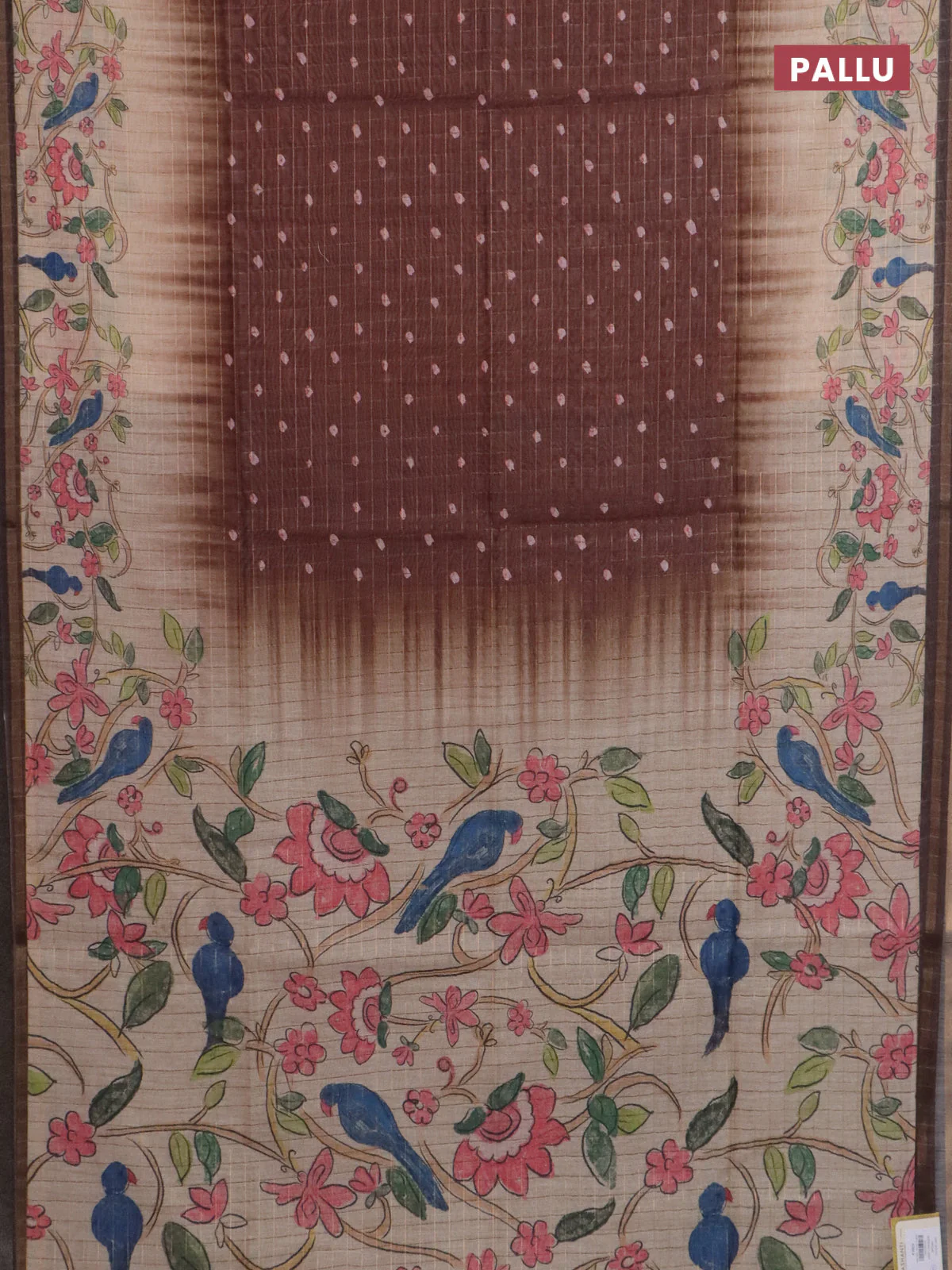 Semi chanderi saree brown and beige with allover zari woven checked pattern & bandhani prints and printed pallu - Image 3