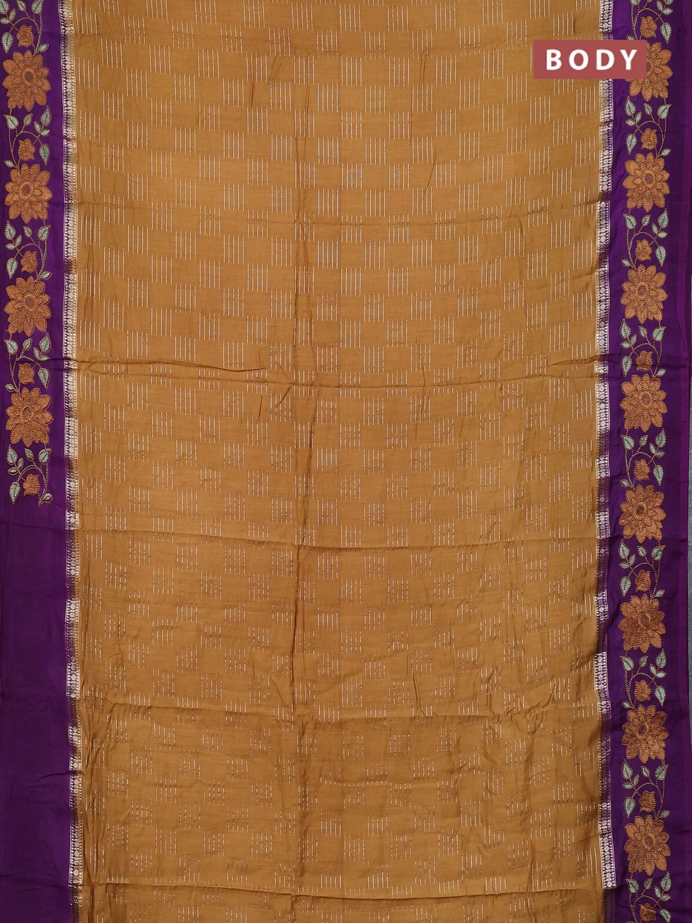 Semi chanderi saree brown and violet with allover zari weaves and embroidery border - Image 2