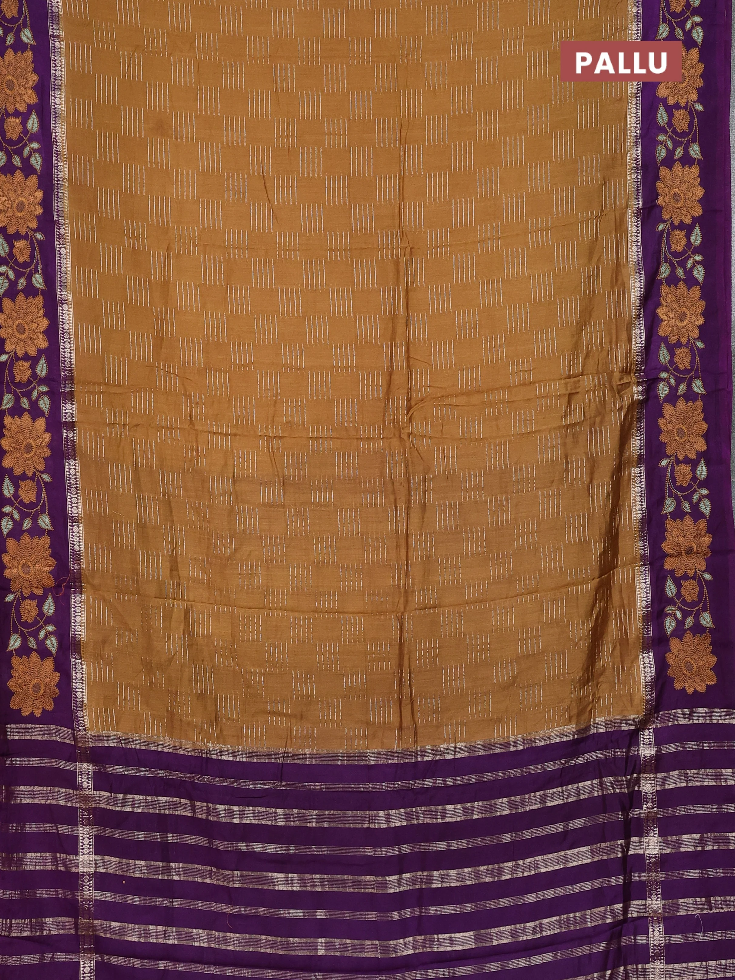 Semi chanderi saree brown and violet with allover zari weaves and embroidery border - Image 3