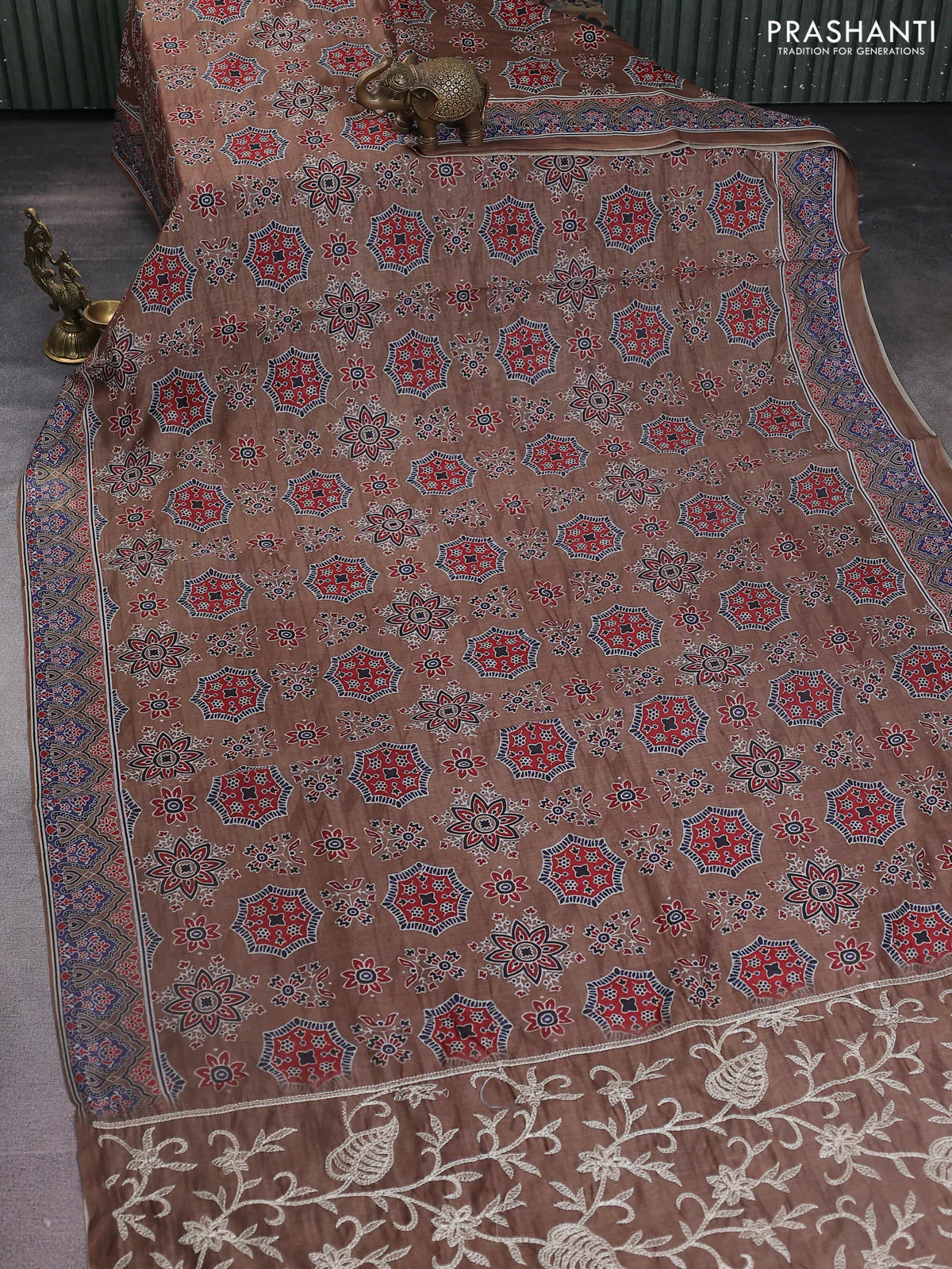 Semi chanderi saree brown shade with allover ajrakh prints and embroidery pallu - Image 2