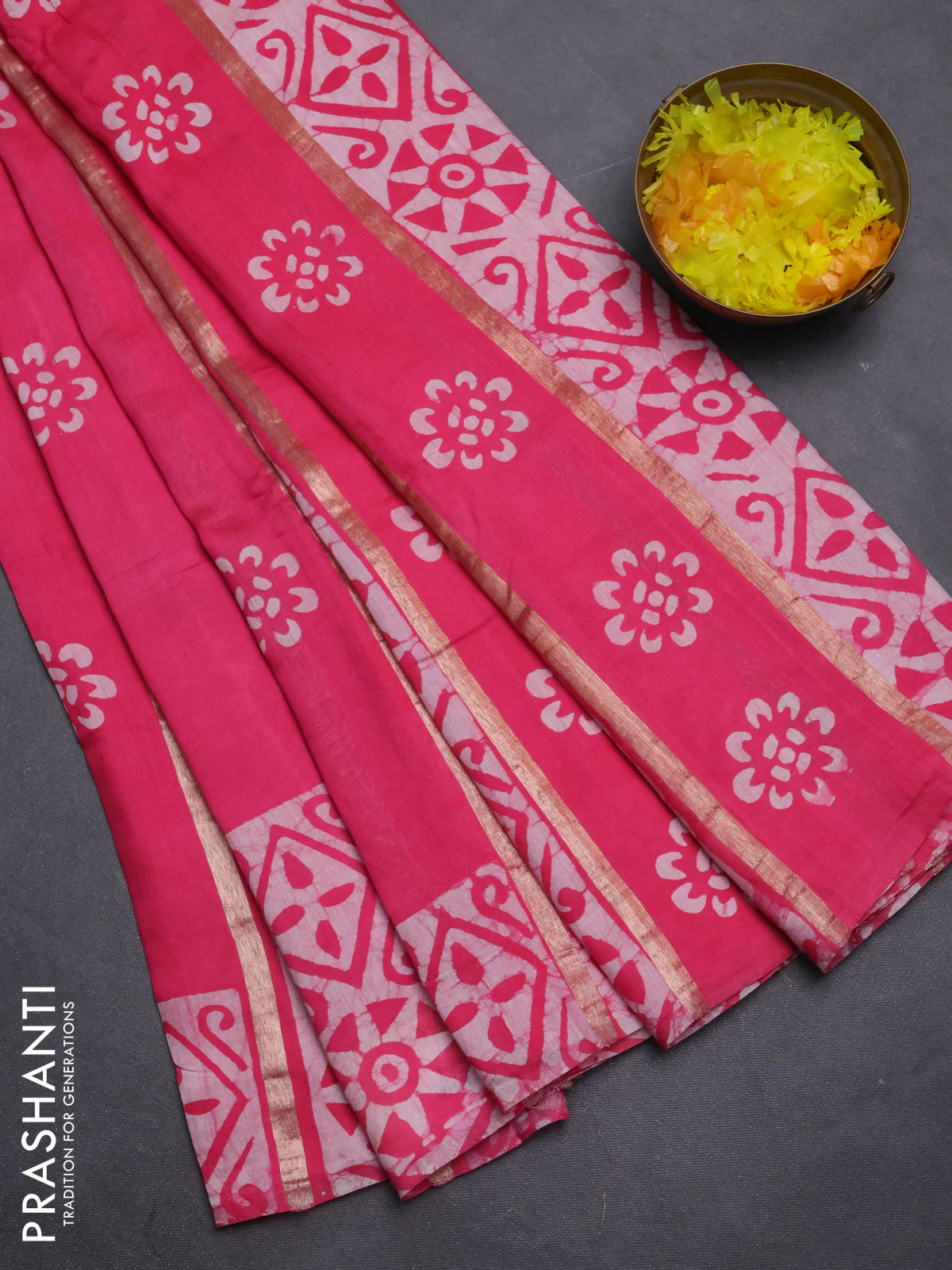Semi chanderi saree candy pink with allover zari strips & batik butta prints in borderless style