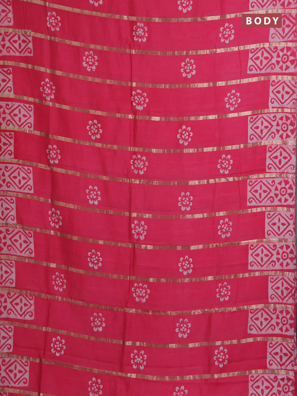 Semi chanderi saree candy pink with allover zari strips & batik butta prints in borderless style - Image 2