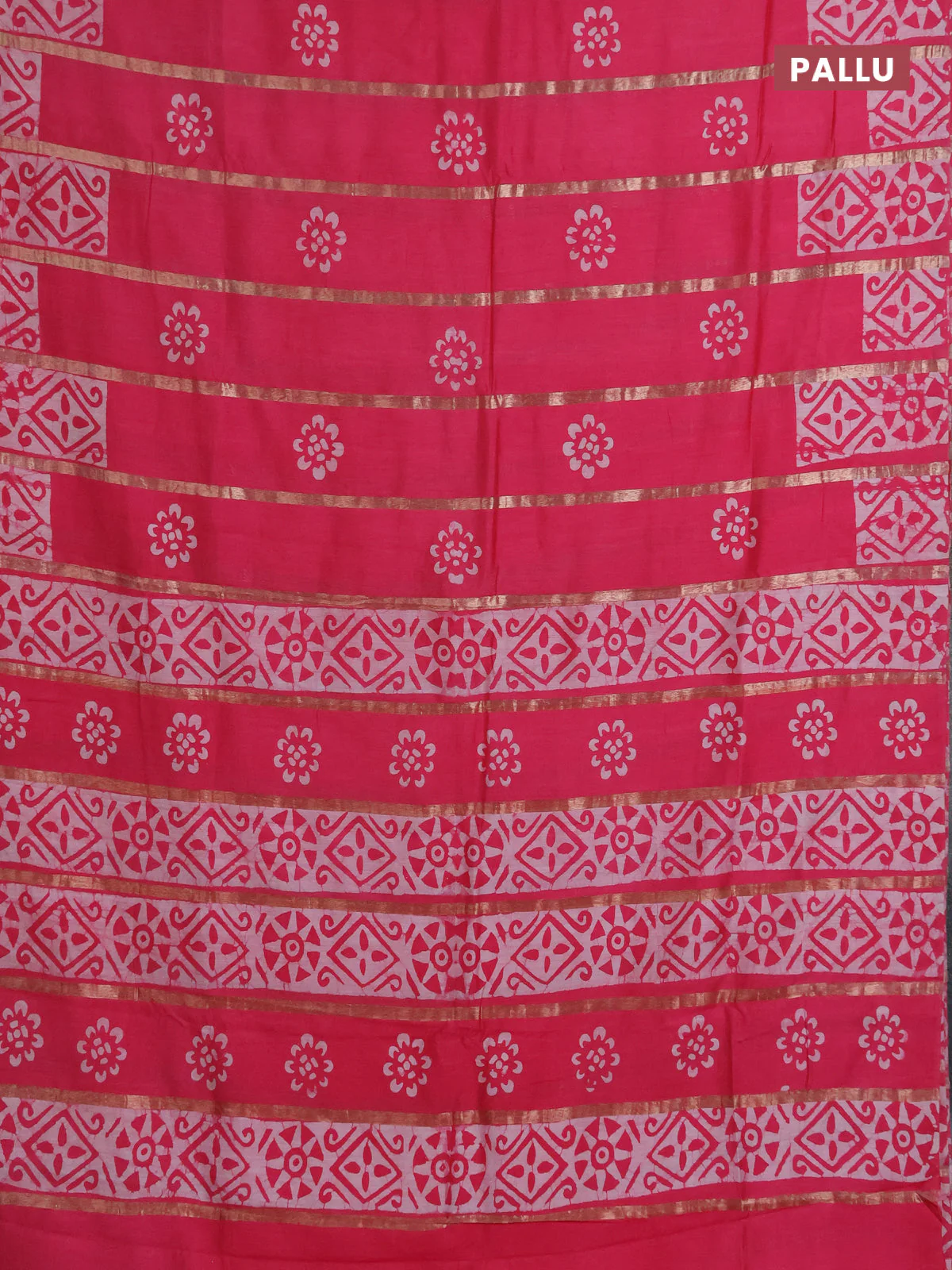 Semi chanderi saree candy pink with allover zari strips & batik butta prints in borderless style - Image 3