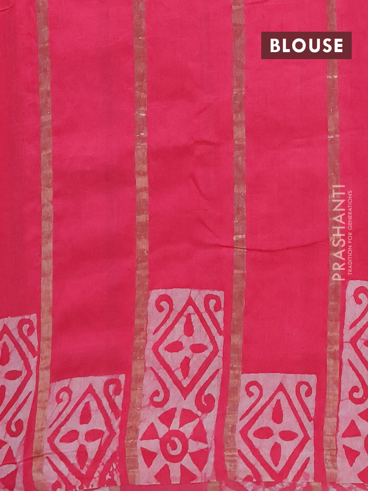 Semi chanderi saree candy pink with allover zari strips & batik butta prints in borderless style - Image 4
