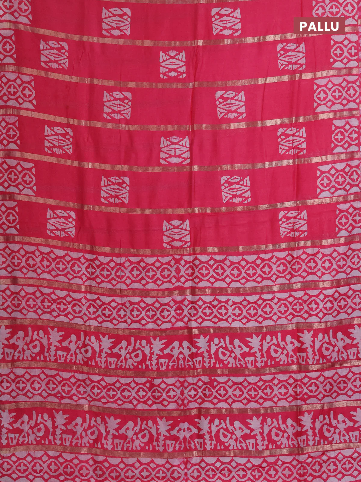 Semi chanderi saree candy pink with allover zari strips & batik butta prints in borderless style - Image 3