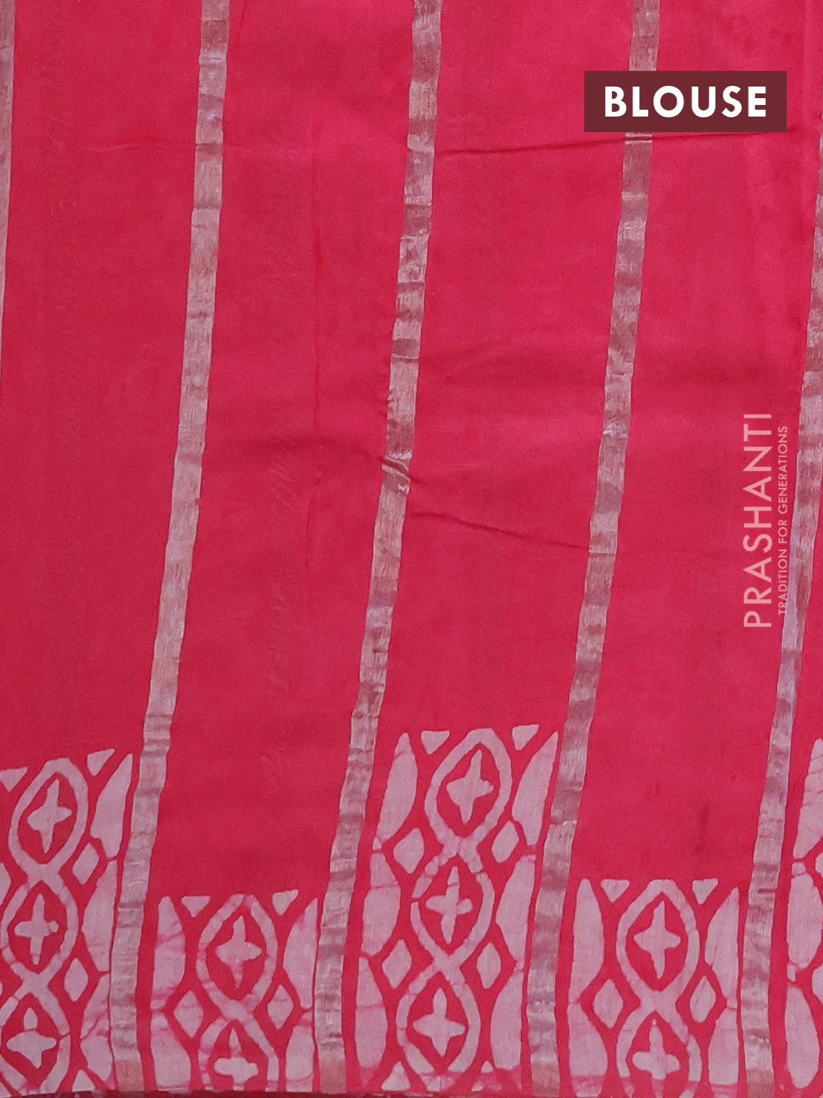 Semi chanderi saree candy pink with allover zari strips & batik butta prints in borderless style - Image 4