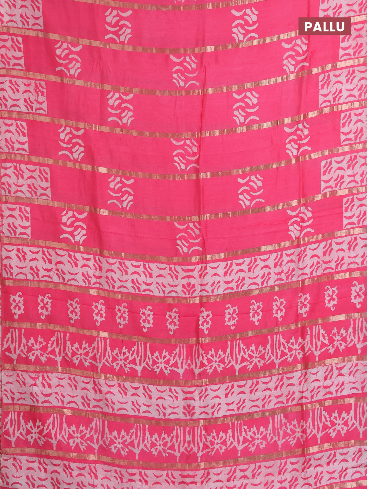 Semi chanderi saree candy pink with allover zari strips & batik butta prints in borderless style - Image 3