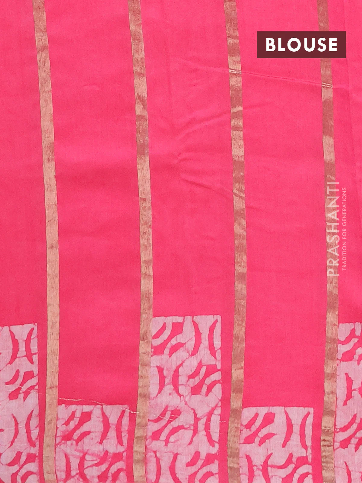 Semi chanderi saree candy pink with allover zari strips & batik butta prints in borderless style - Image 4