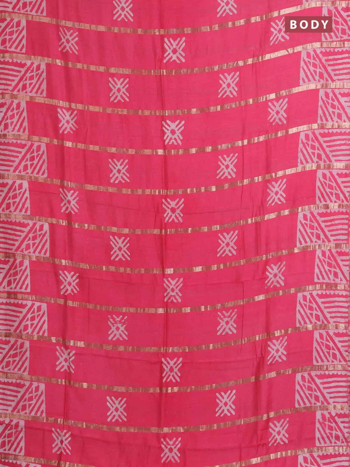 Semi chanderi saree candy pink with allover zari strips & batik butta prints in borderless style - Image 2