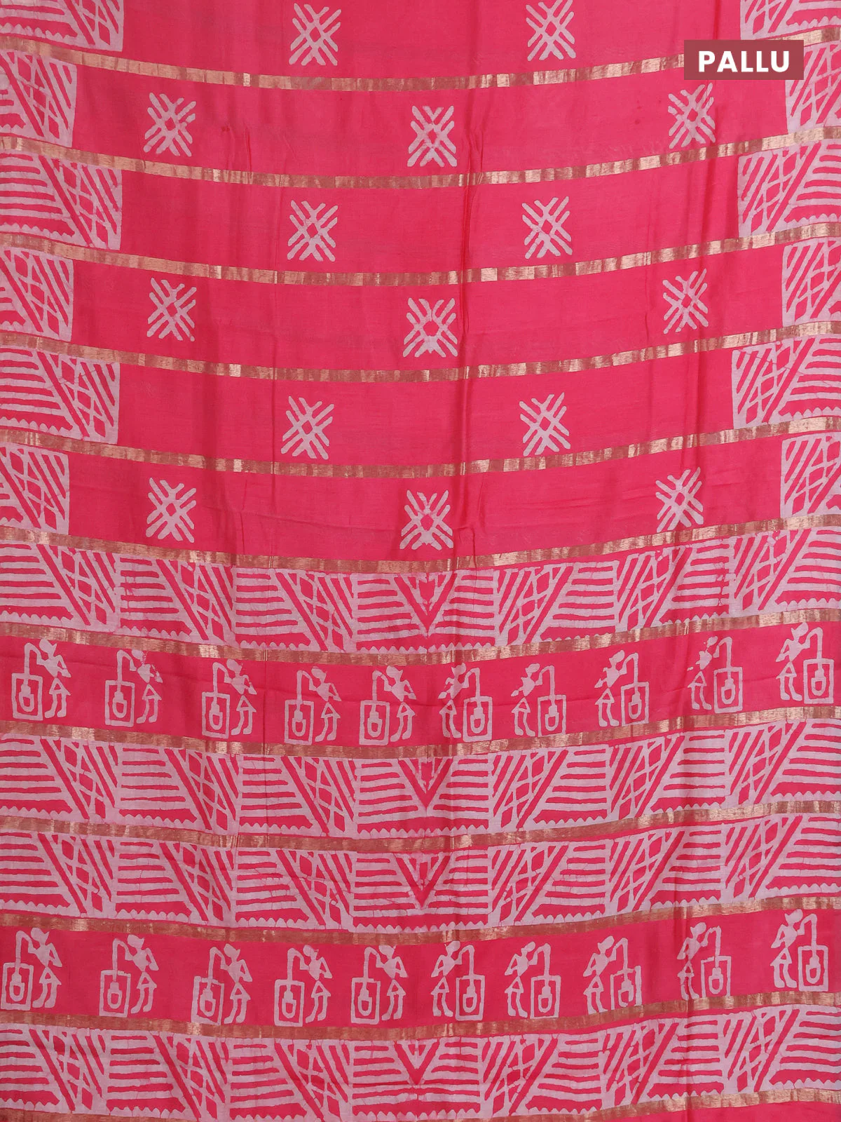 Semi chanderi saree candy pink with allover zari strips & batik butta prints in borderless style - Image 3