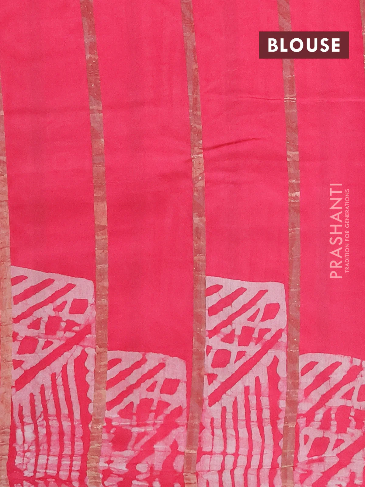 Semi chanderi saree candy pink with allover zari strips & batik butta prints in borderless style - Image 4