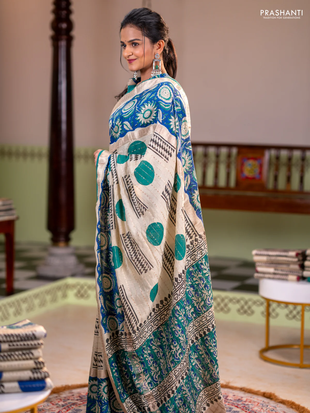 Semi chanderi saree cream and blue with allover zari weaves & geometric block prints and long printed border - Image 2