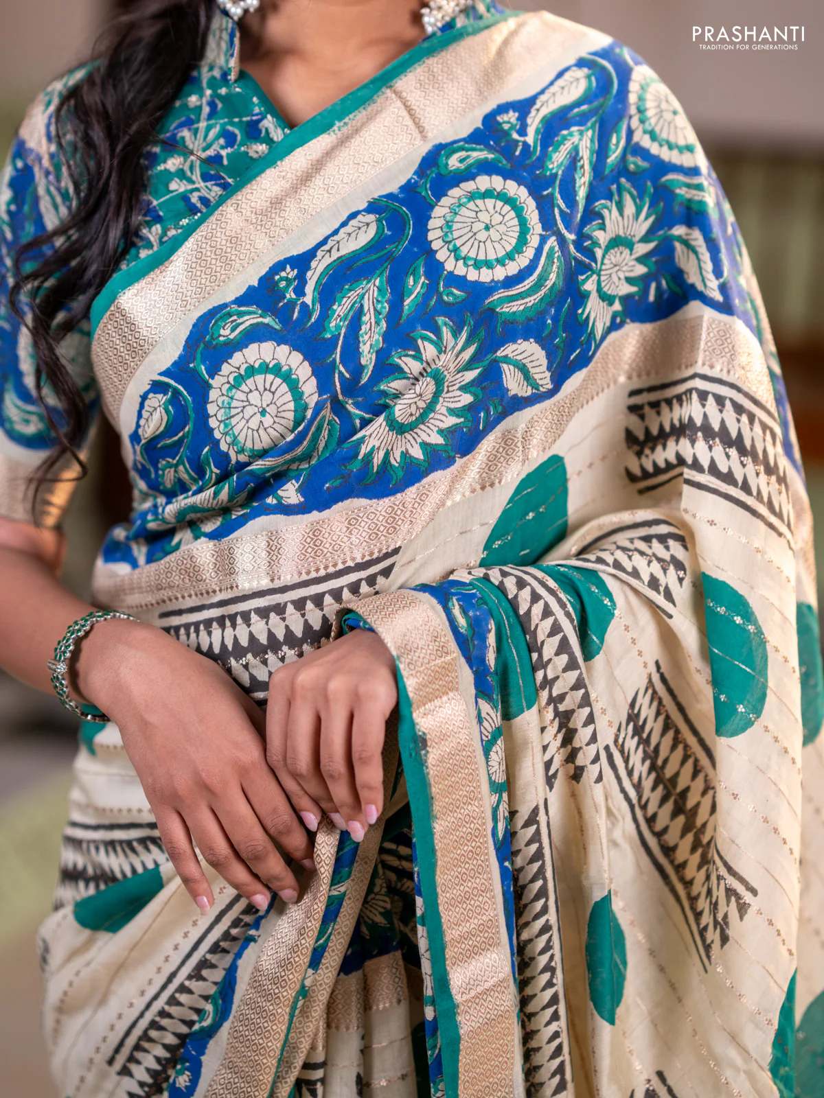 Semi chanderi saree cream and blue with allover zari weaves & geometric block prints and long printed border - Image 3