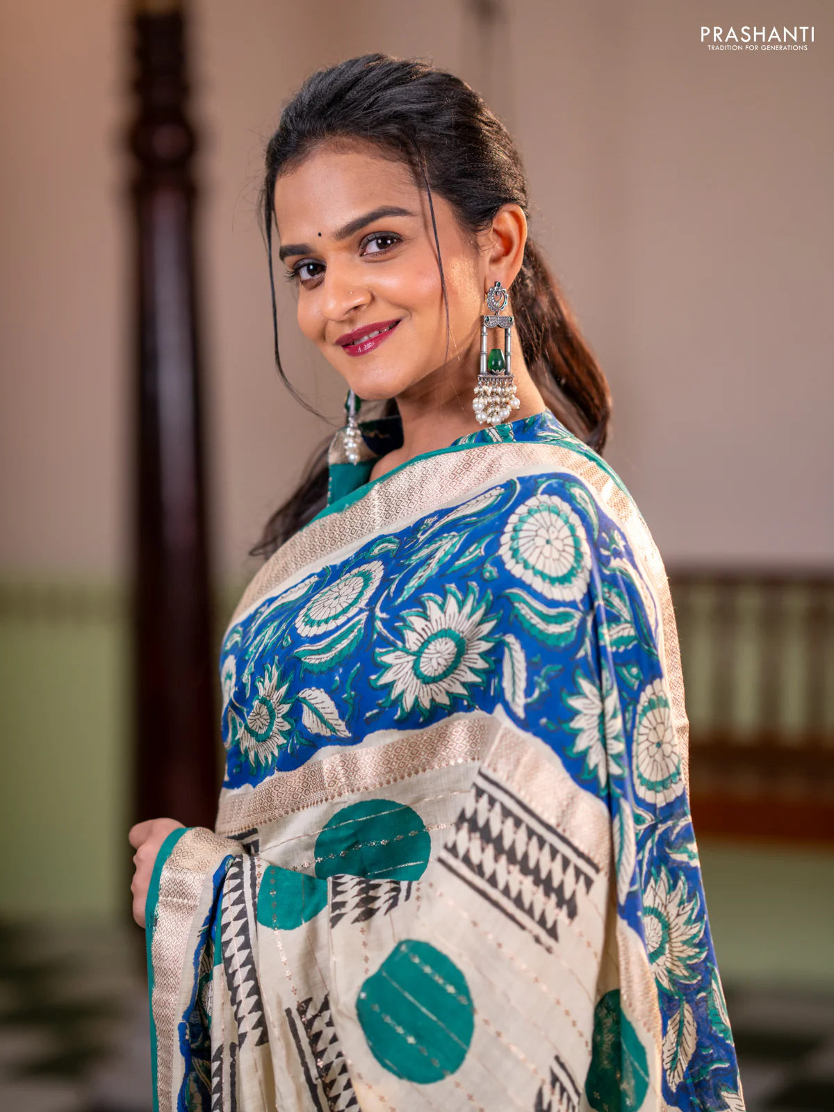 Semi chanderi saree cream and blue with allover zari weaves & geometric block prints and long printed border - Image 4