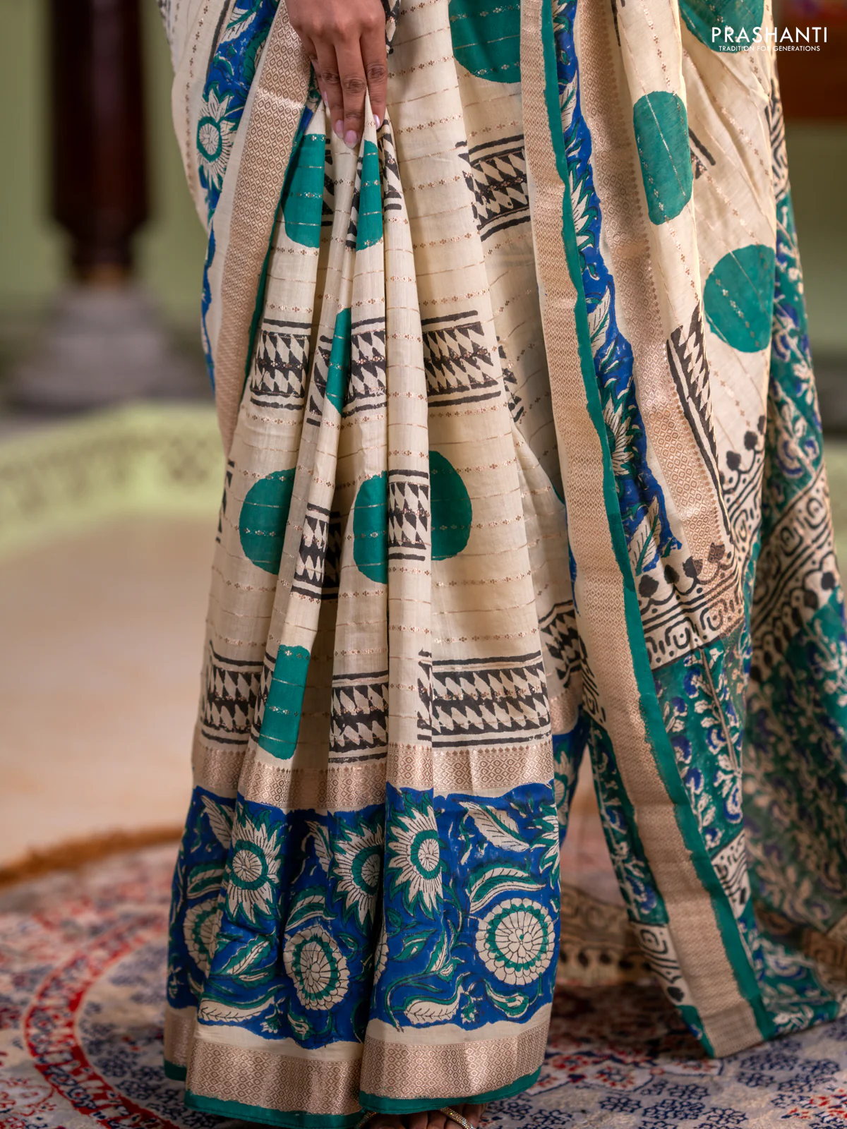 Semi chanderi saree cream and blue with allover zari weaves & geometric block prints and long printed border - Image 5