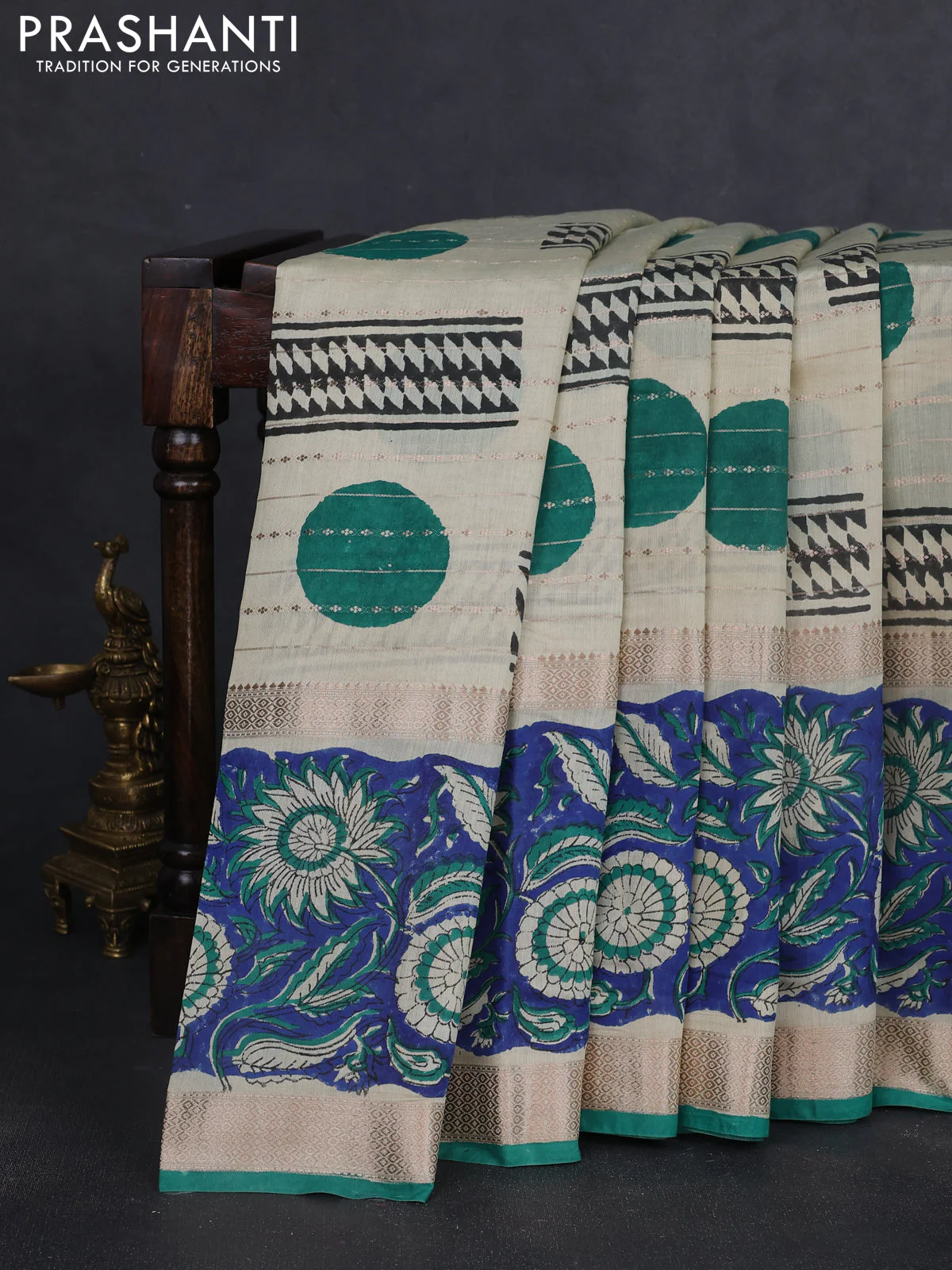 Semi chanderi saree cream and blue with allover zari weaves & geometric block prints and long printed border - Image 7
