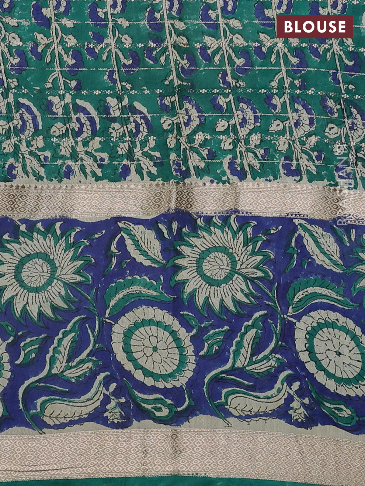 Semi chanderi saree cream and blue with allover zari weaves & geometric block prints and long printed border - Image 8